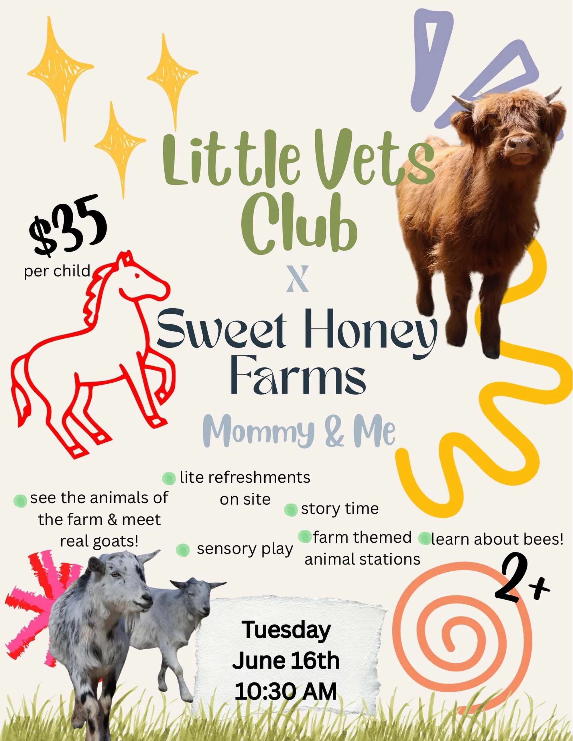 Come play with Little Vets Club x Sweet Honey Farm!

🐓Farm themed play stations
🐄Story time
🐐Meet real goats
🐝Learn about bees
🧃Lite refreshments on site
🐴Visit the members-only wellness farm

Children ages 2+ are welcome! Visit littlevetsclub.
