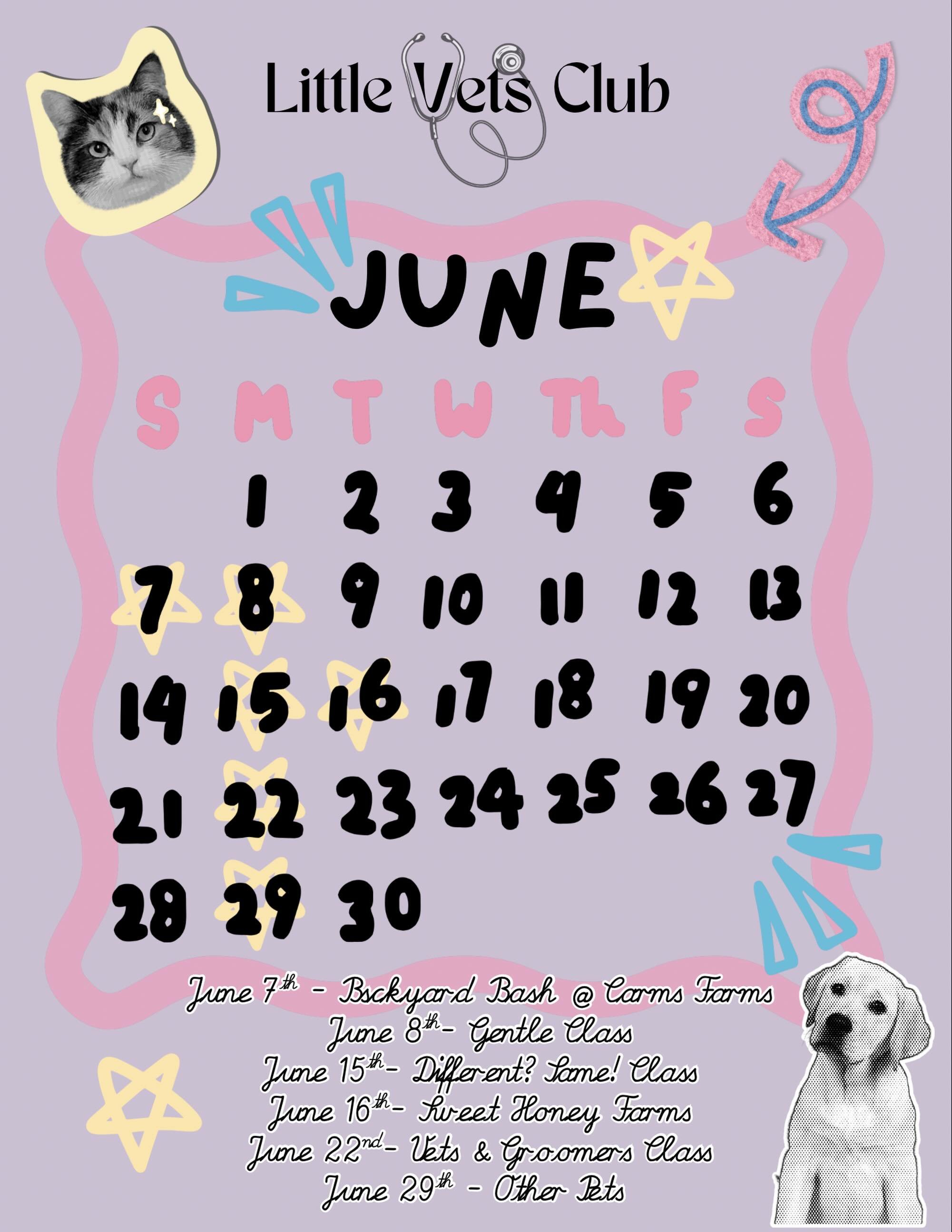 Our JUNE calendar 🐾 

🌸meet us at Backyard Bash this weekend @carms_farm
🐶 join our LVC classes @littlevetsclub 
🐝pop up with us at @sweet.honeyfarm 

IMPORTANT ANNOUNCEMENT ✨ since summer is coming in quickly &amp; in full swing - we understand 
