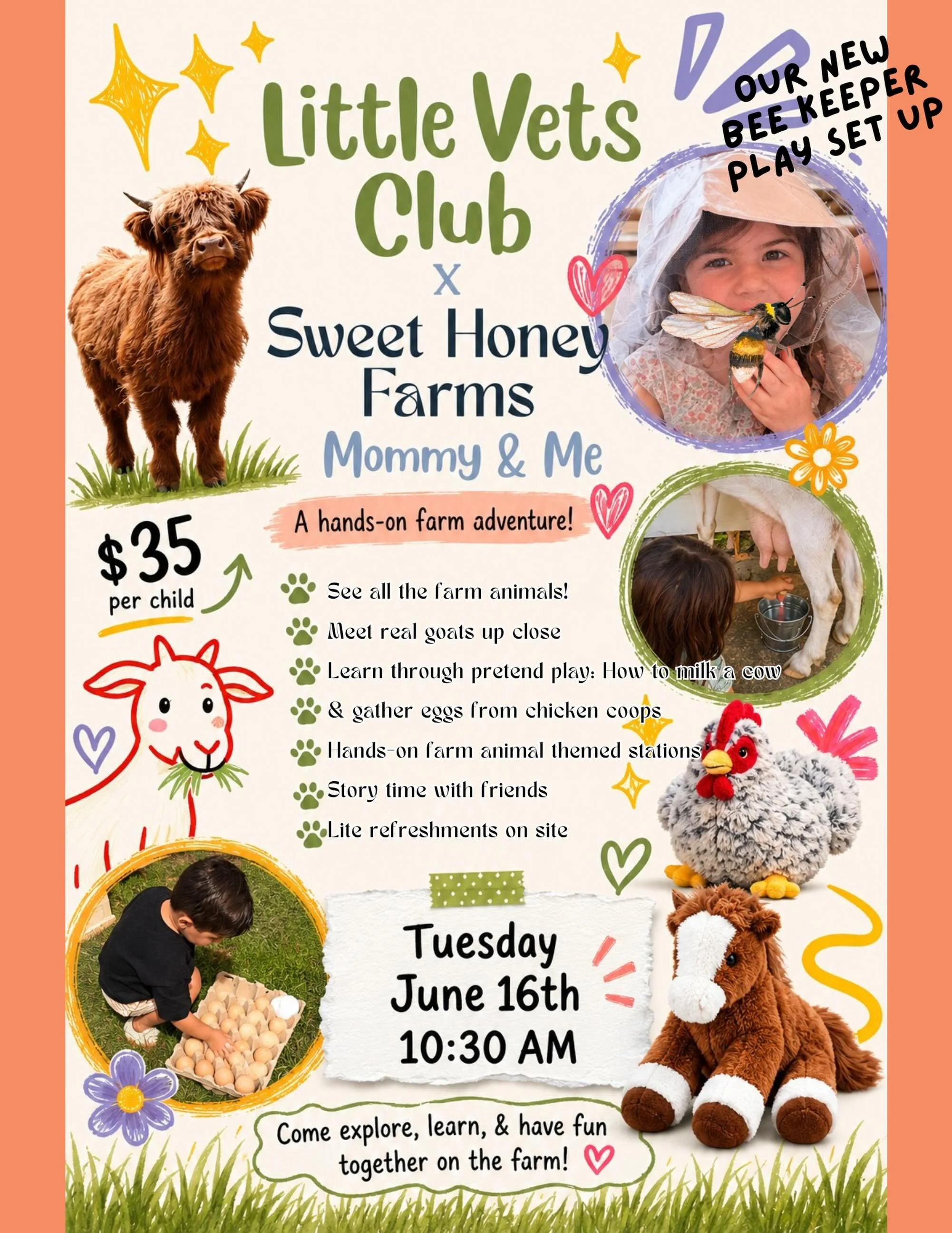 ONE WEEK from today! 🐝 LVC x @sweet.honeyfarm in Morganville, NJ. ✨🐄 Link in bio. to reserve your spot ✨🐾

Our play stations include pretending to be beekeepers, collecting eggs from the chicken coop, milking cows, feeding horses and taking care o