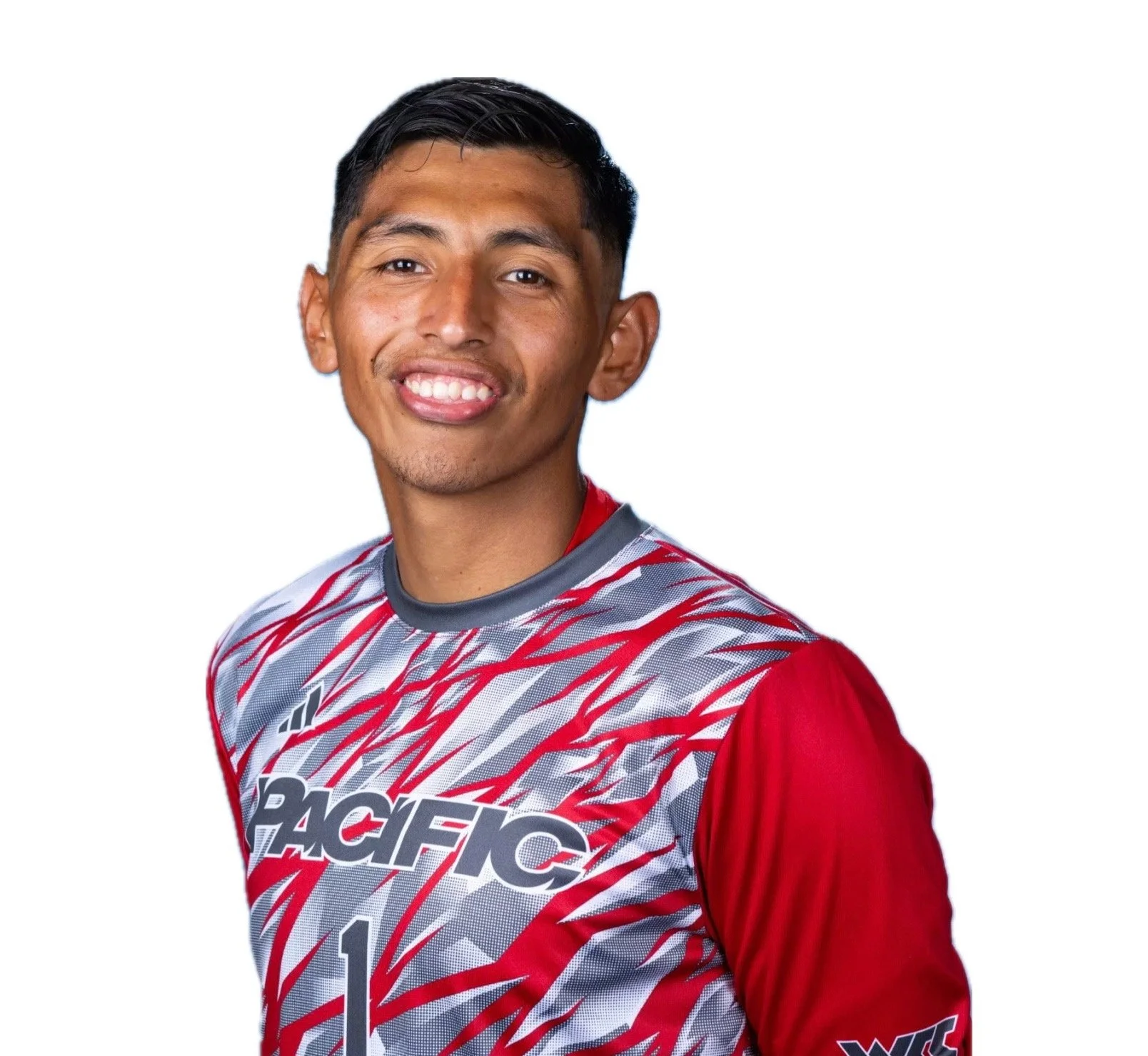 A young man smiling in a sports jersey with Pacific and WTC logos.