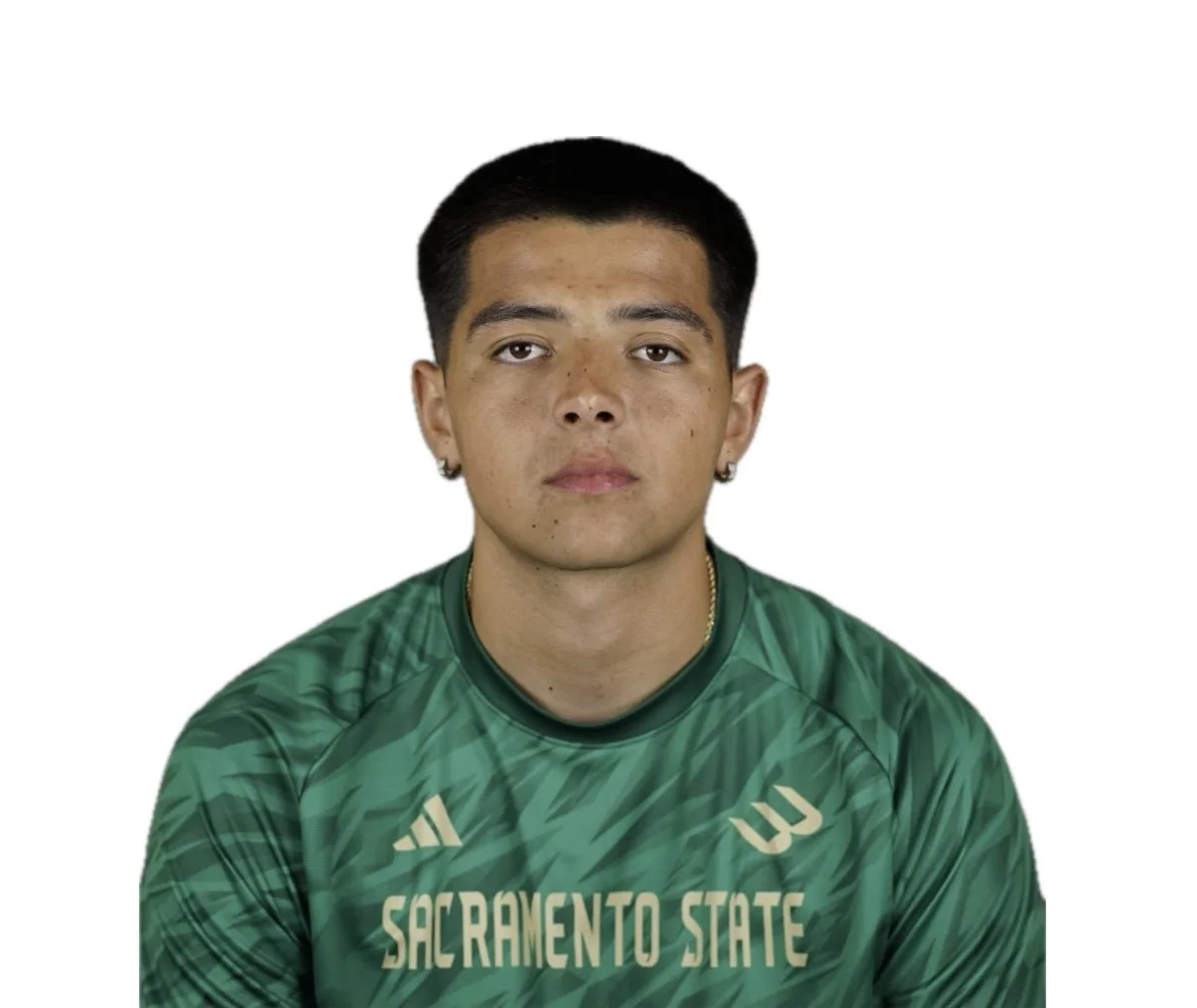 Young man wearing green Sacramento State sports jersey posing against plain white background.