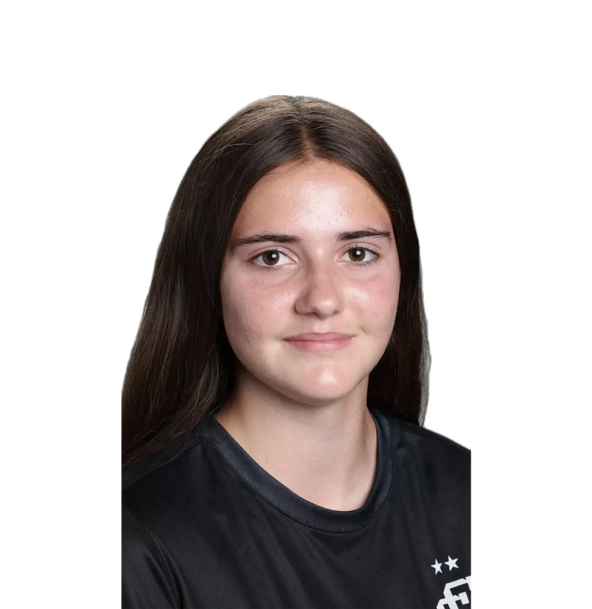 Headshot of a young woman with long brown hair and brown eyes, wearing a black sports shirt against a plain white background.
