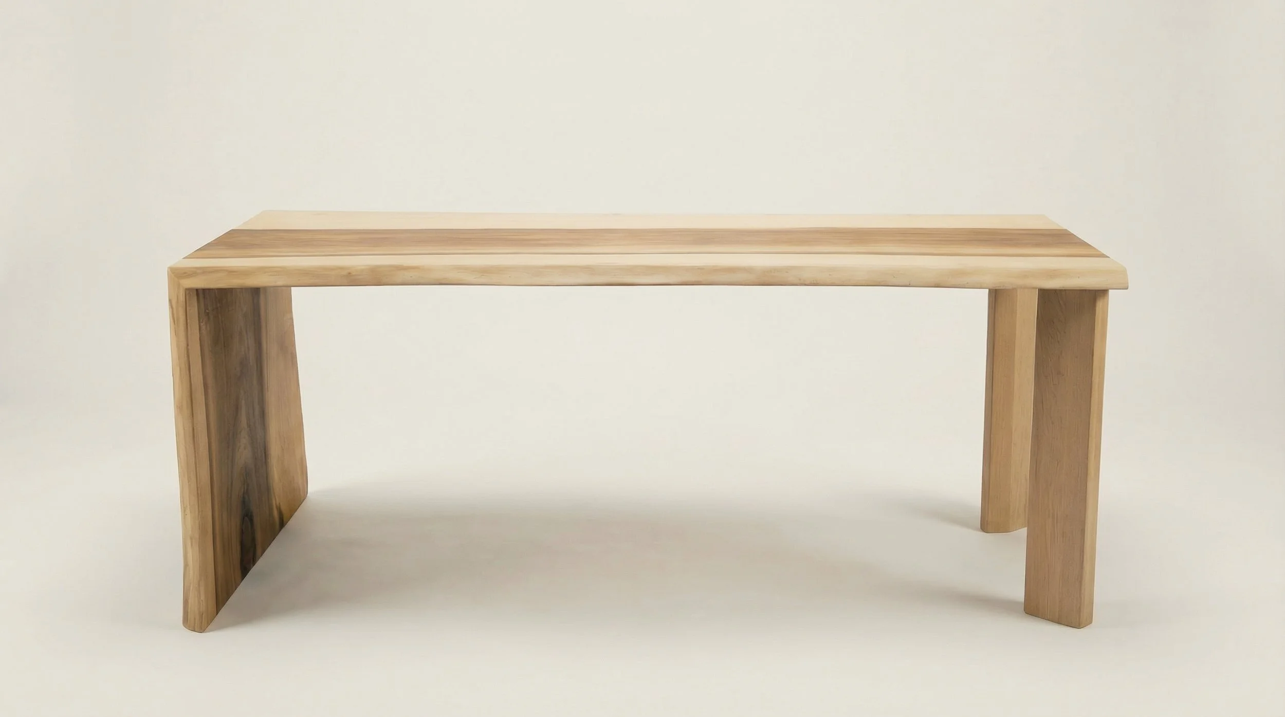 A simple wooden table with a flat top and two sturdy legs made of natural light-colored wood.