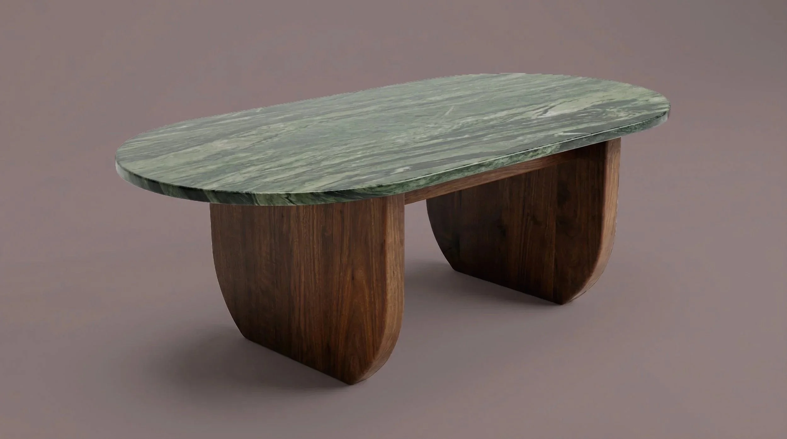 A modern table with a green marble top and two curved wooden legs