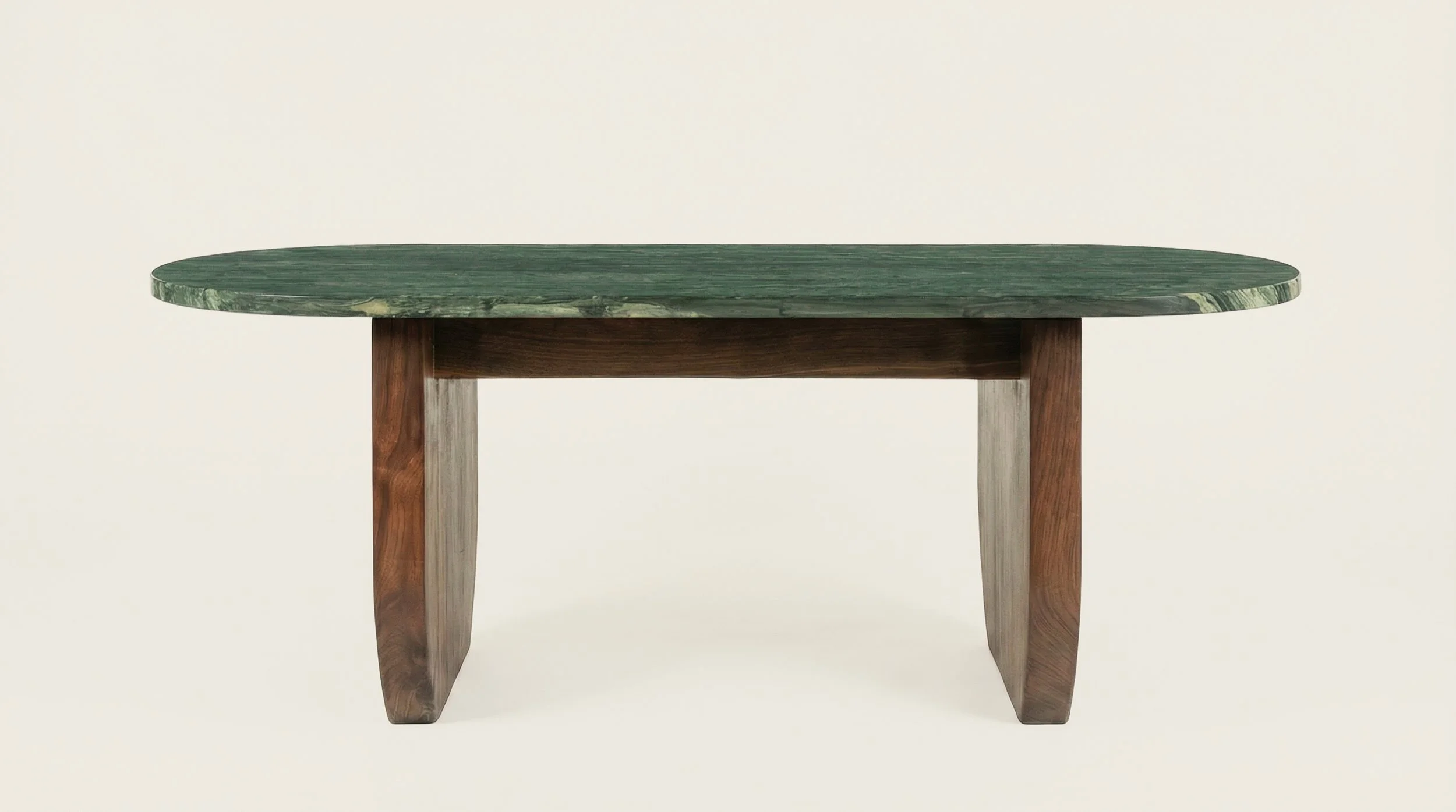 A wooden table with an oval green marble top and brown and gray wooden legs, placed against a plain white background.