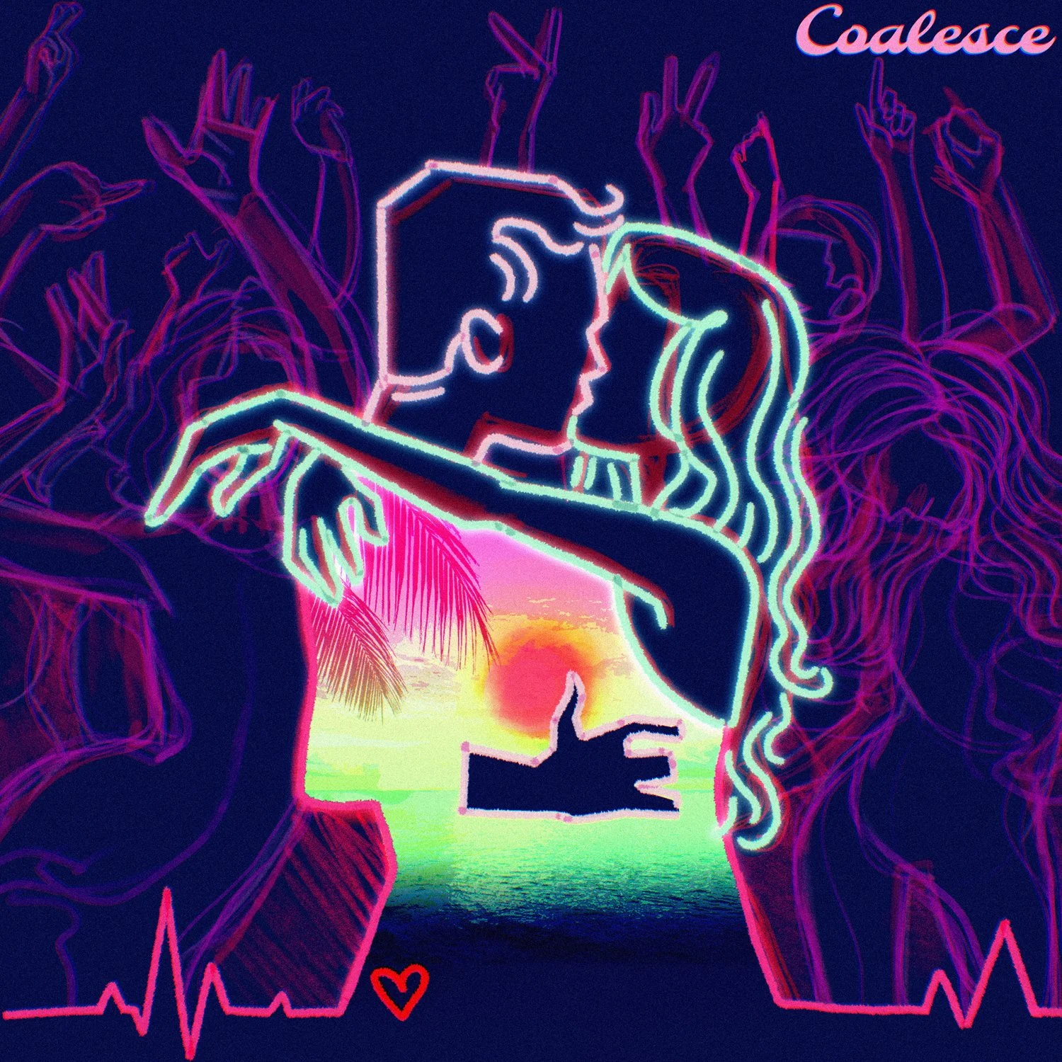 Neon outline of a couple kissing with a sunset and palm trees in the background, surrounded by neon outlines of other figures and hearts, with the word 'Coalesce' in the top right corner.