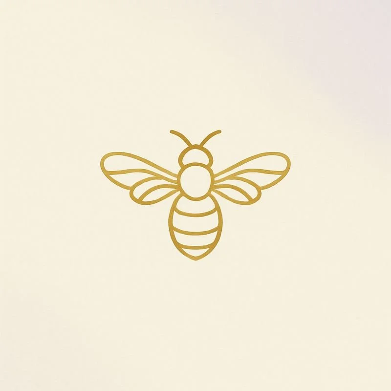 Simple line drawing of a bee with wings extended.