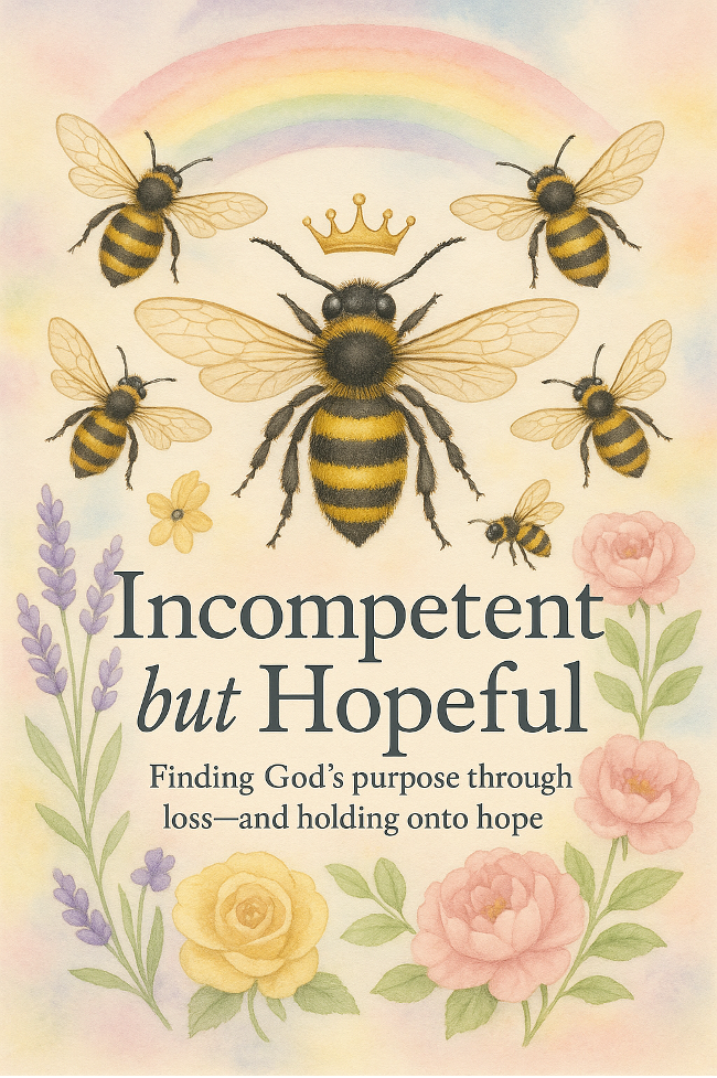 Book cover titled "Incompetent but Hopeful: Finding God's purpose through loss—and holding onto hope" featuring a central large bee with smaller bees, a rainbow, a crown, and various flowers like roses and lavender.
