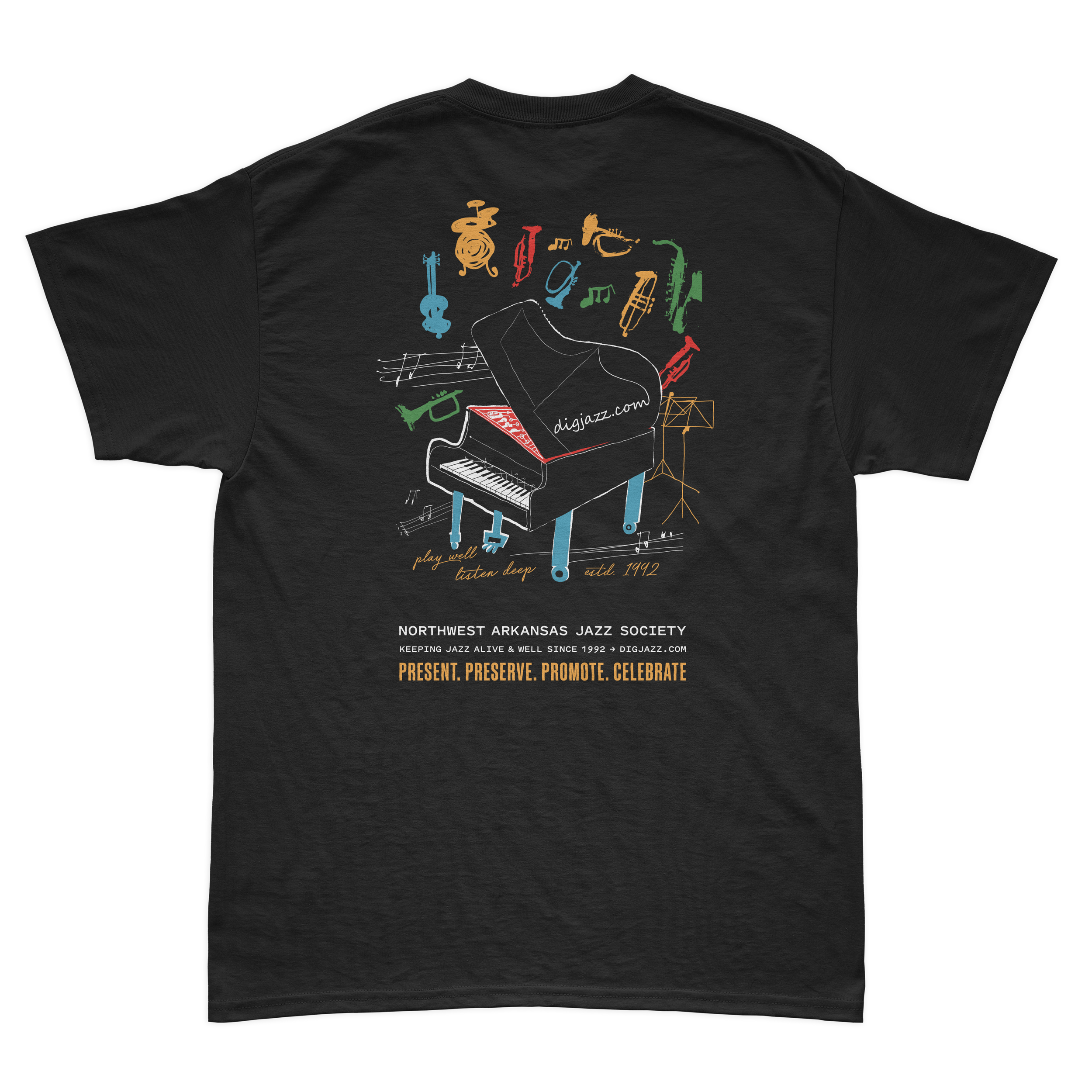 Black T-shirt with colorful illustration of a grand piano and various musical instruments, music notes, and a music stand, promoting the Northwest Arkansas Jazz Society, established in 1992.