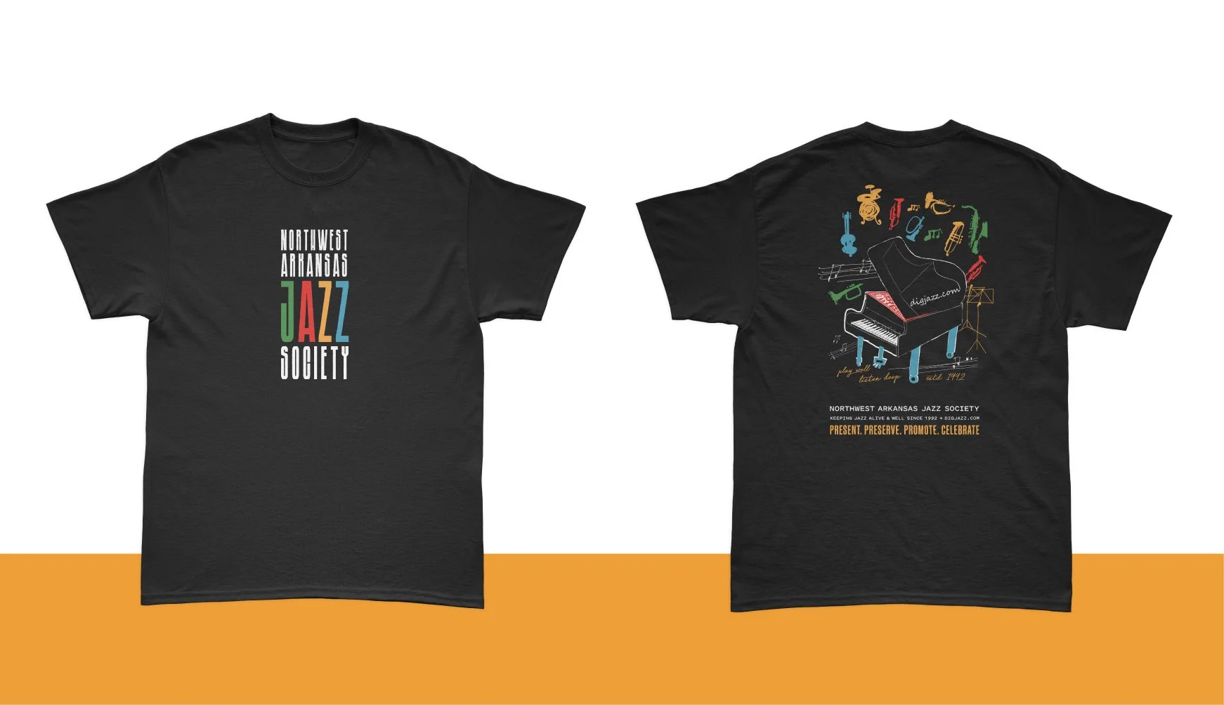 Black T-shirt with Northwest Arkansas Jazz Society logo on front and a colorful jazz-themed illustration on the back, featuring a grand piano surrounded by musical instruments and notes.
