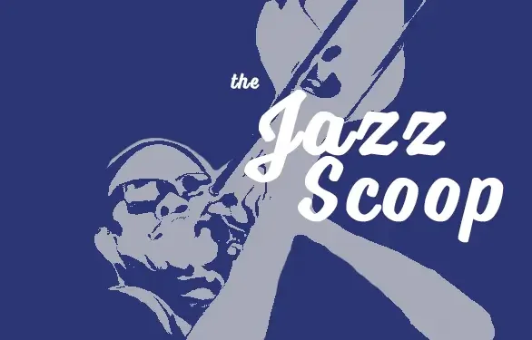 Logo of the Jazz Scoop featuring a stylized illustration of a jazz musician playing a trumpet against a dark blue background.
