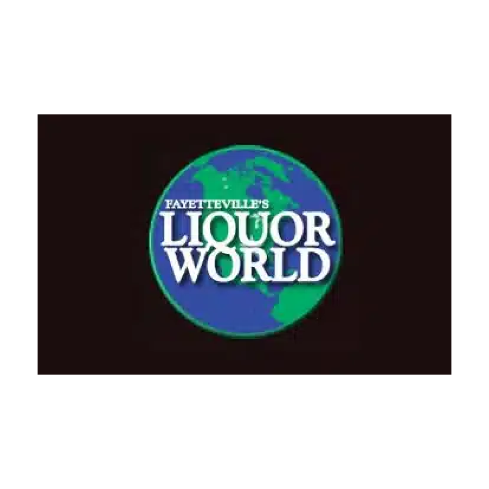 Logo for Fayetteville's Liquor World with a globe showing North America.