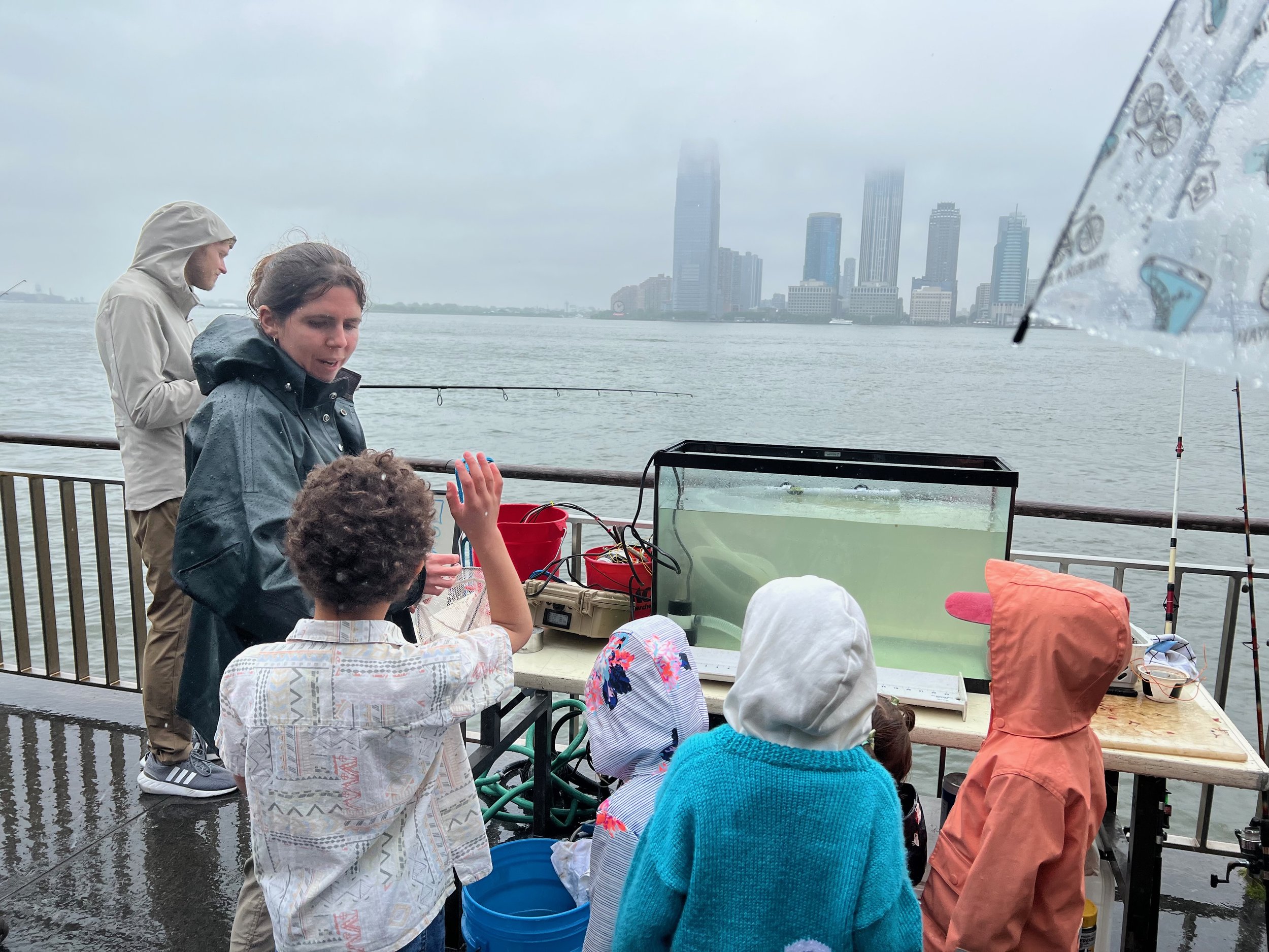 Curious children inspect an aquarium by the river on a foggy day.
