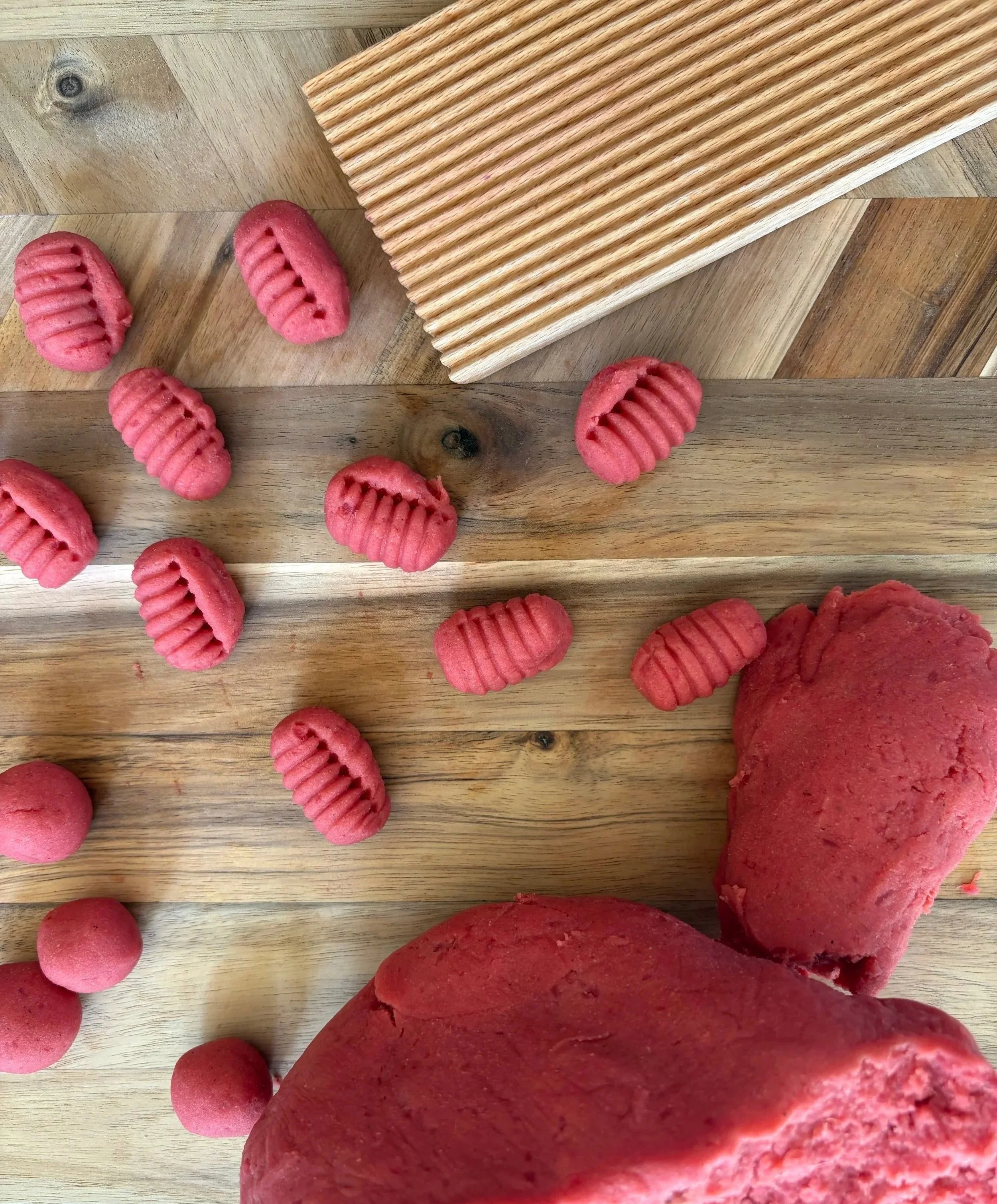 A close-up of Patatina's beetroot sweet potato gnocchi.
