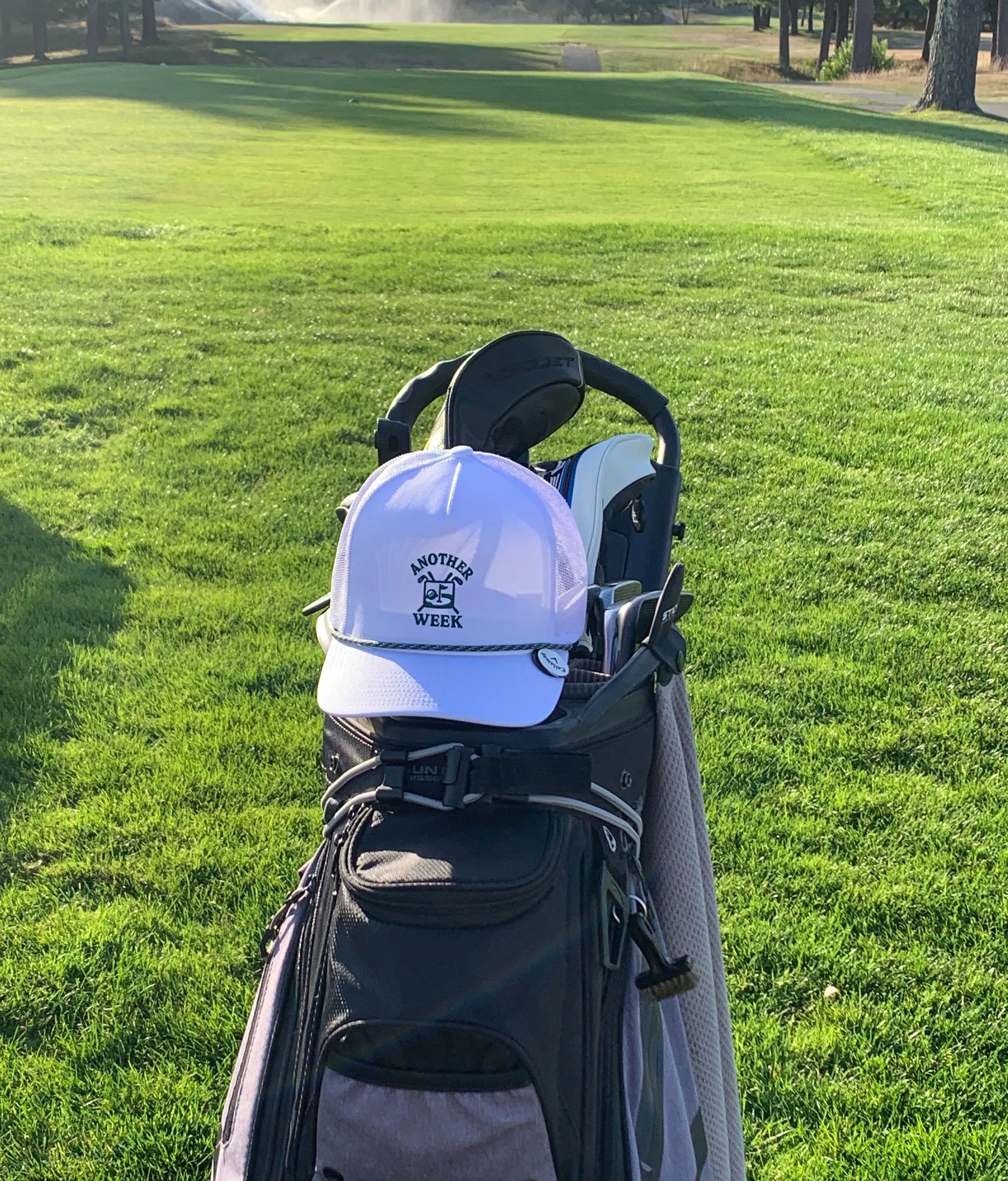 Golf course with green grass and trees in the background, a golf bag with clubs, a white cap hanging on the bag with the words "Another Week" and a golf logo, and a golf club in a stand on the ground.