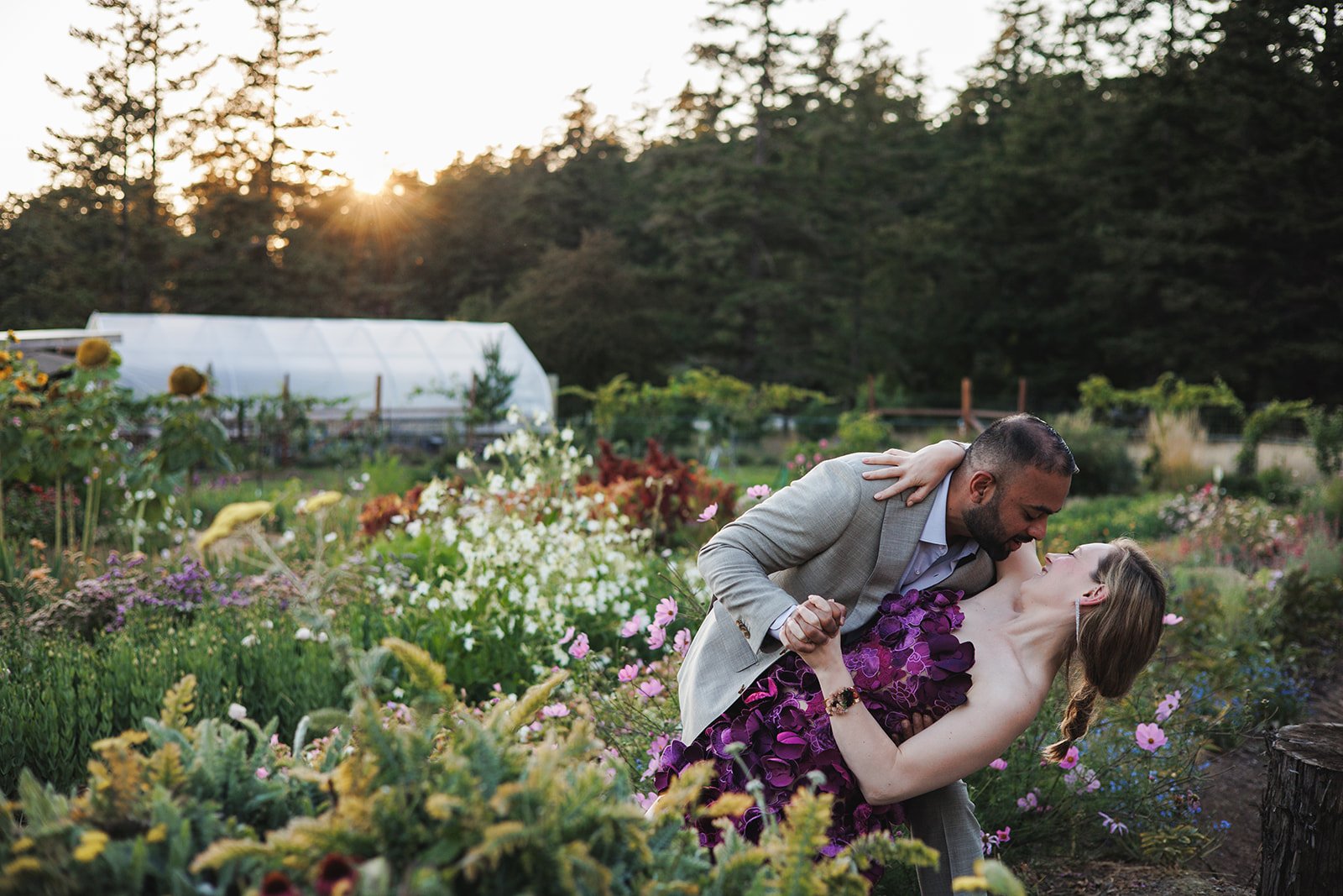 A man in a gray suit holding a woman in a purple dress in a garden with flowers, with the sun setting behind trees in the background.