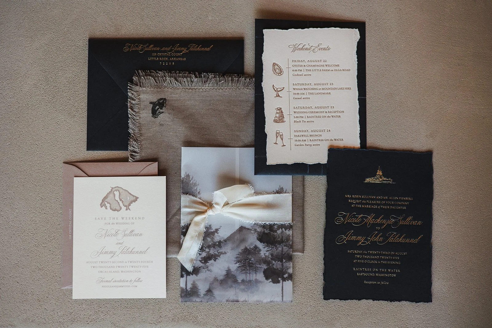Set of wedding invitation cards and event details on a beige surface, including a save the date card, main invitation, and schedule of events with icons, decorative elements, and elegant fonts in black, white, pink, and gold.