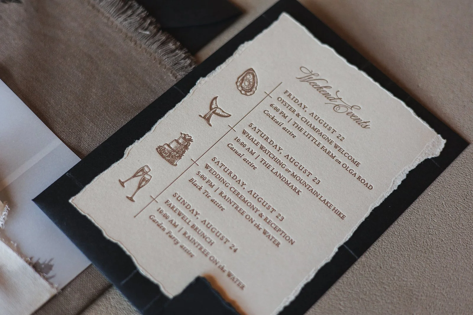 Wedding weekend schedule with illustrations of oyster, whale tail, cake, and champagne glass.