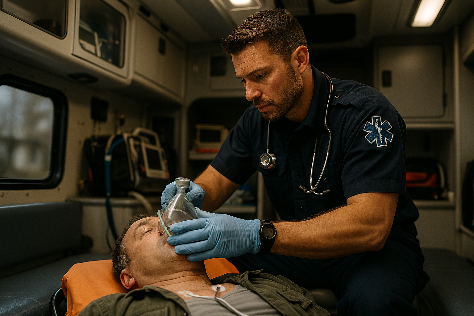 Paramedic providing oxygen inside ambulance as part of EMS case review for litigation support.