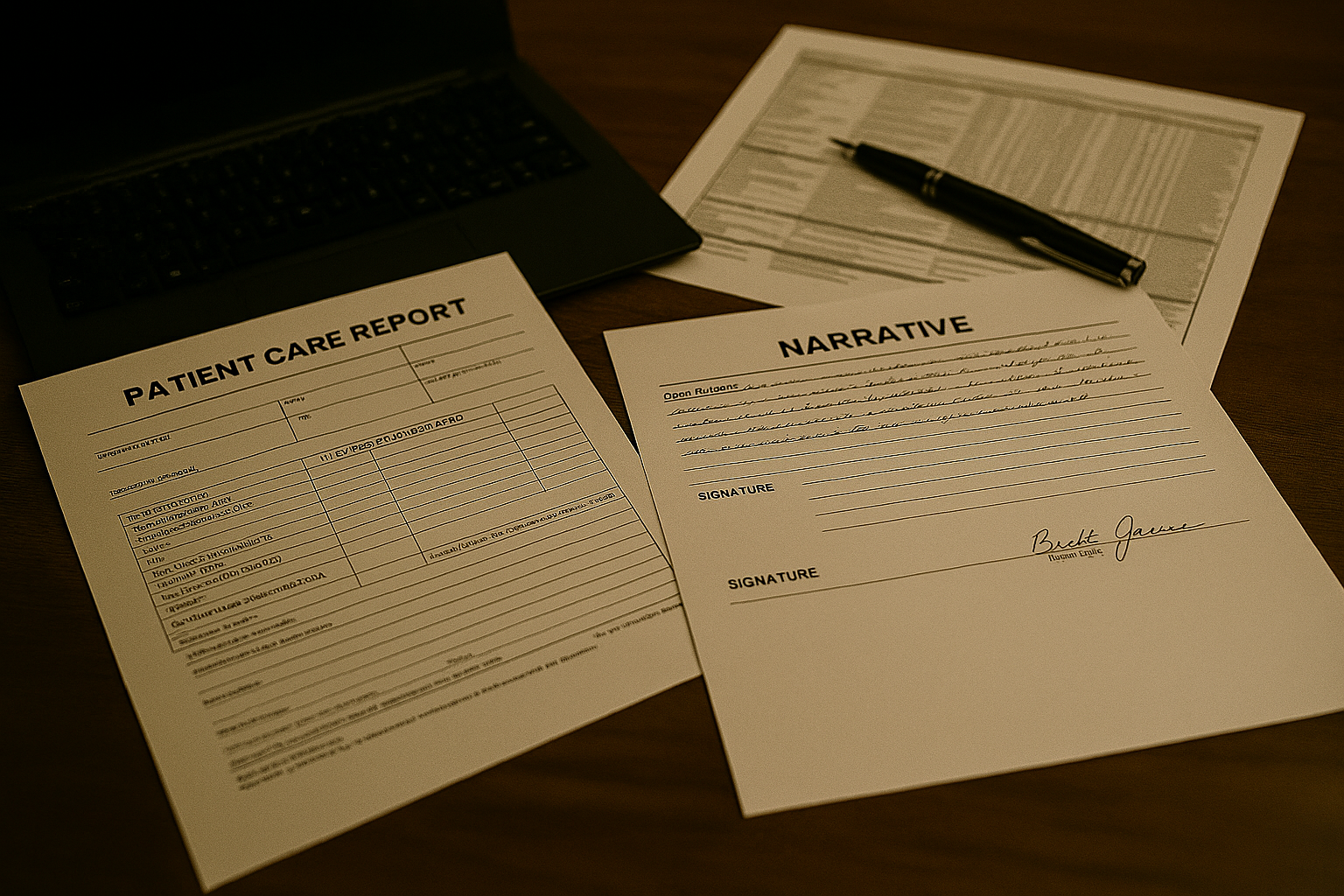 Medical documents, including a patient care report and a narrative sheet, on desk with laptop, used for EMS case review and legal consulting.