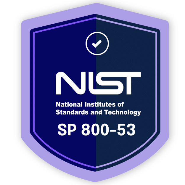 Badge-shaped logo for the National Institutes of Standards and Technology (NIST) with the text 'SP 800-53' and a check mark at the top.