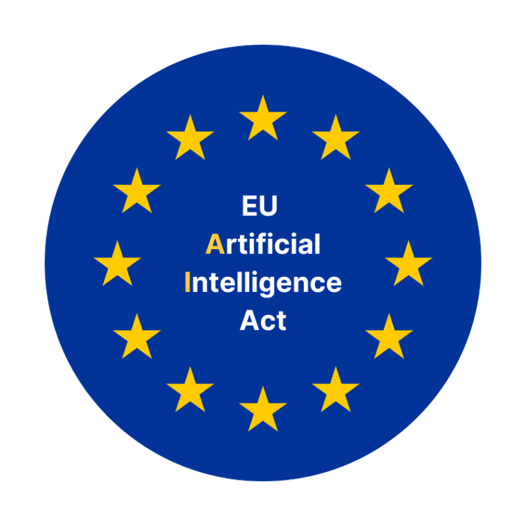 Design resembling the European Union flag with a circle of yellow stars on a blue background, with text in the center reading 'EU Artificial Intelligence Act'.