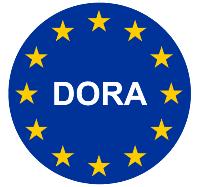Circular logo with a blue background, yellow stars around the border, and the word 'DORA' in white letters in the center.