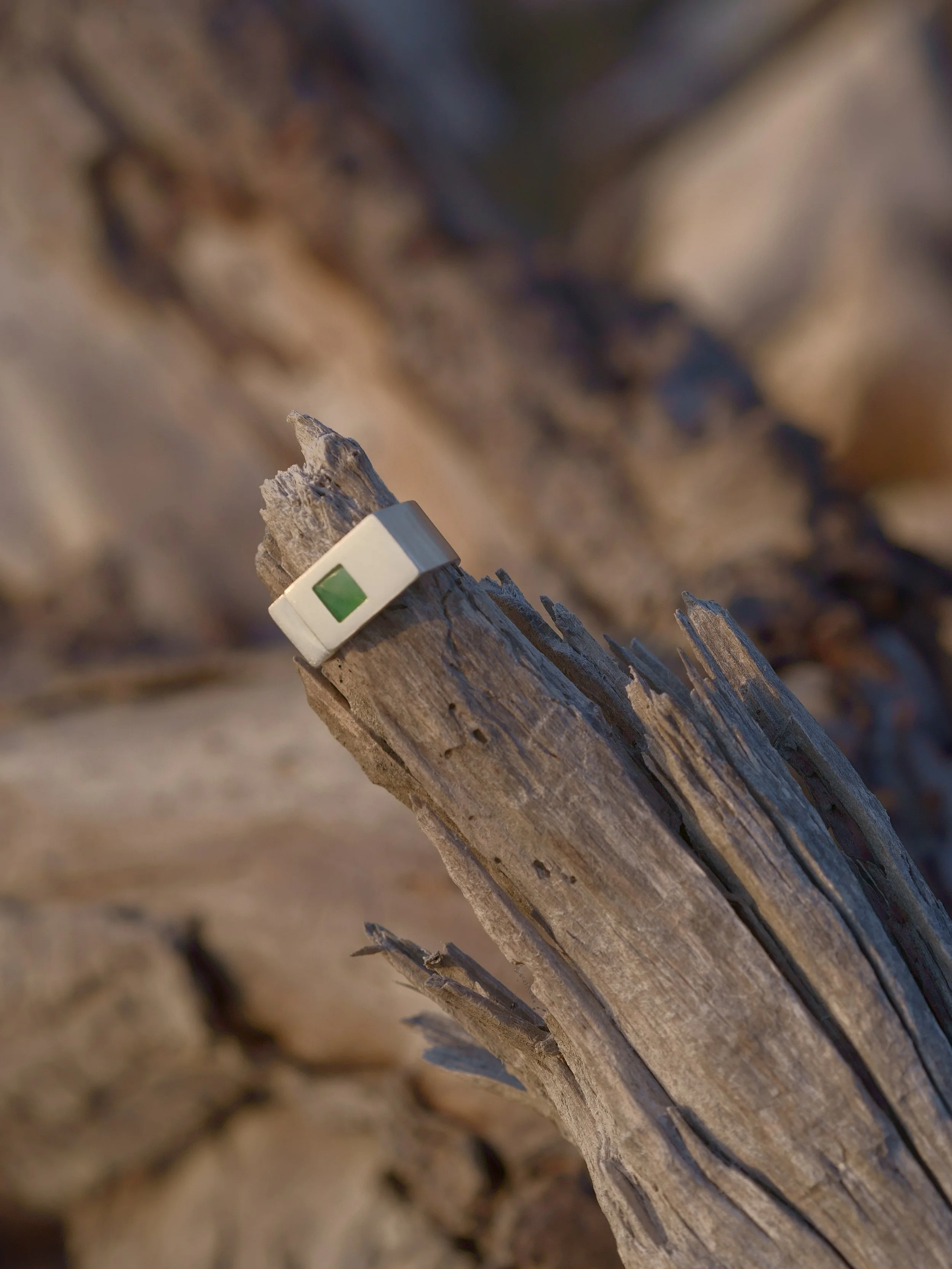 A small white ring with a green square on it, resting on a weathered piece of wood in a natural outdoor setting.