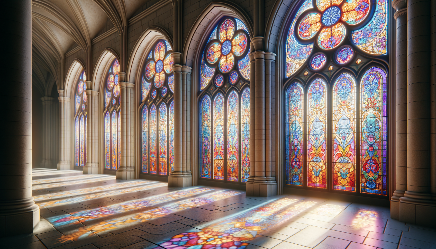 Colorful stained glass windows in a cathedral, with sunlight casting colorful reflections onto the stone floor.