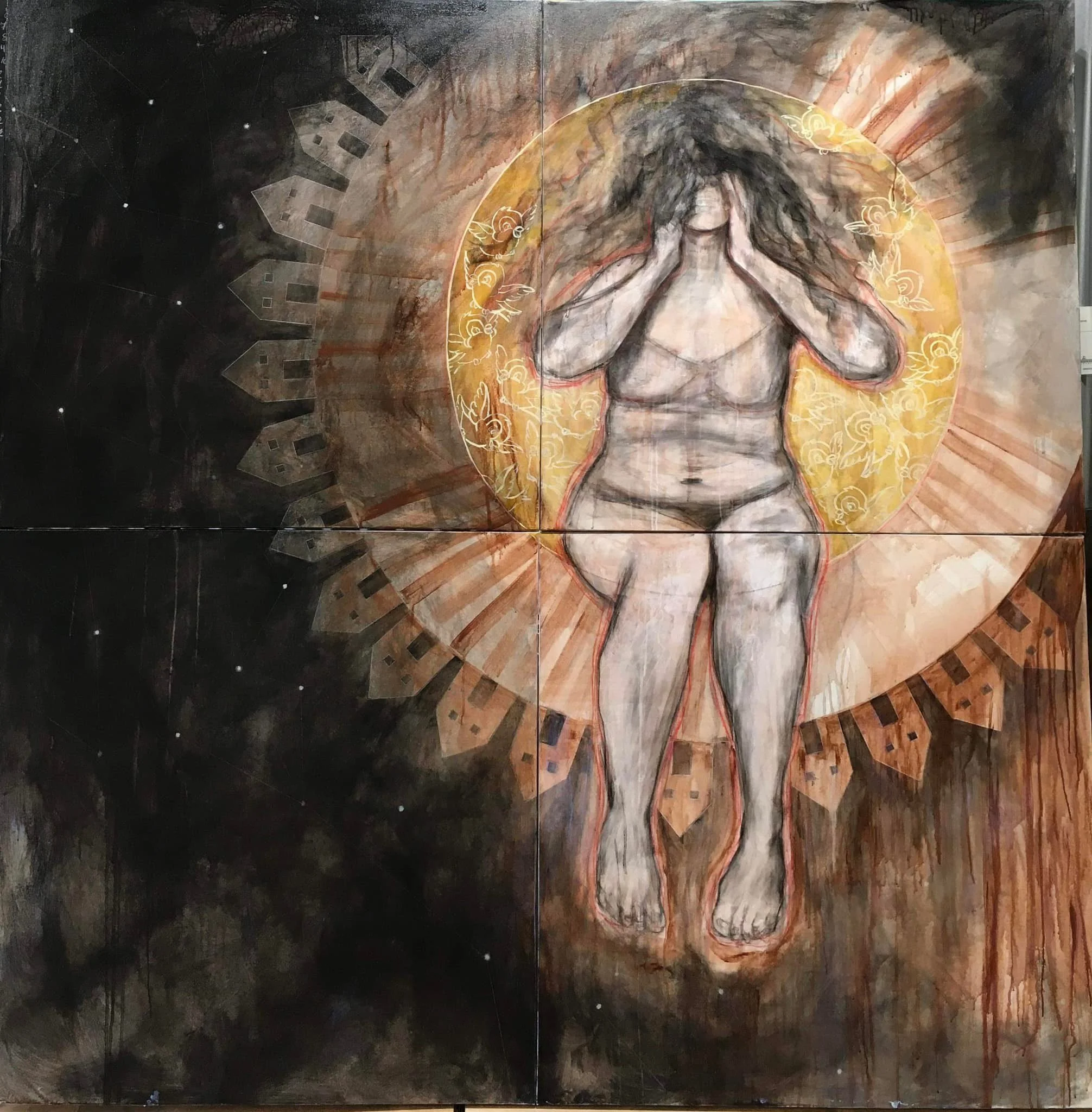 Les bruits inutiles
Acrylique et pastel sur toile 
2023  -182,88 cm x 182,88 cm (6 pieds x 6 pieds)
*Disponible