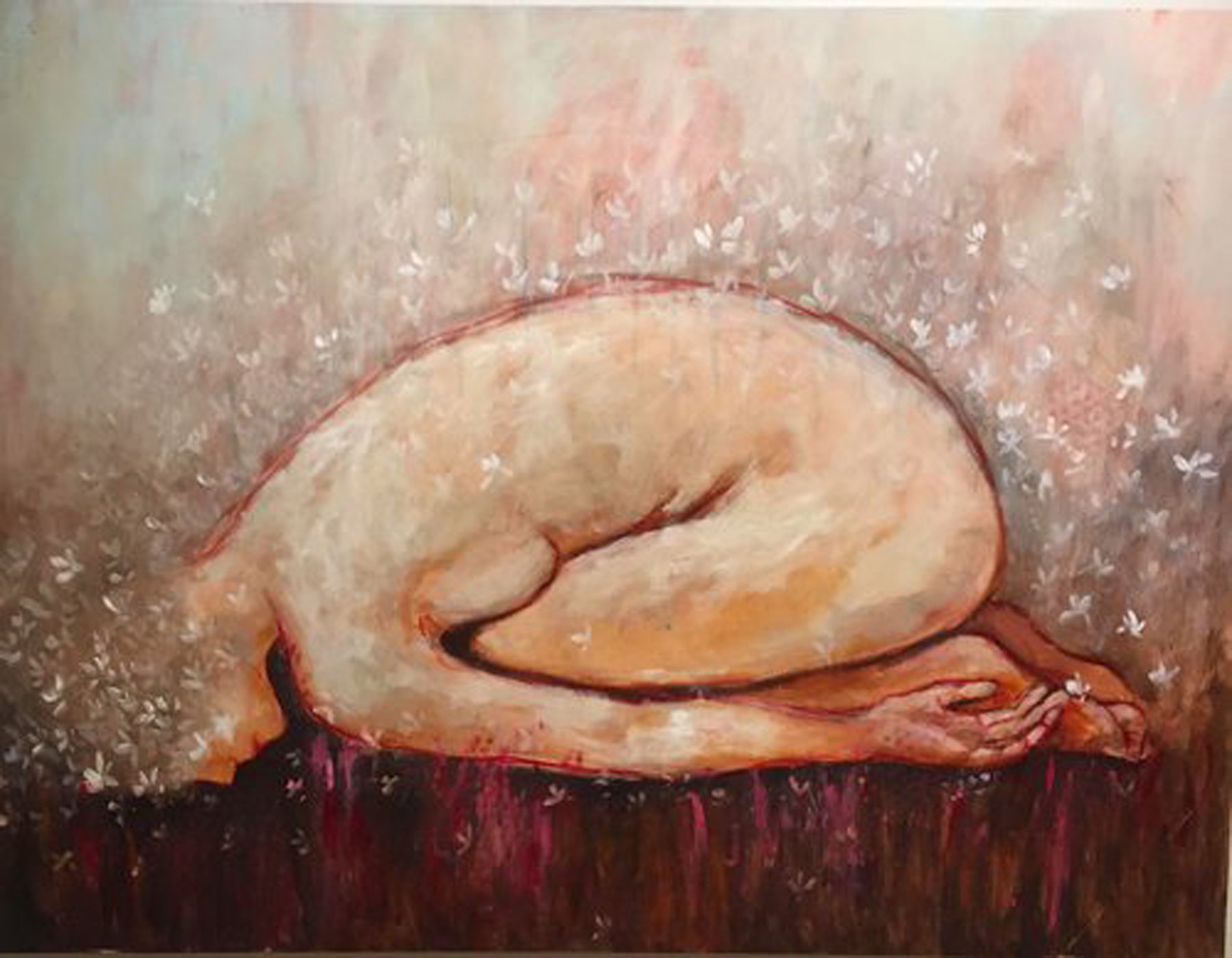 Repos (Child pose),
Acrylique sur panneau de bois, 
2018  -91.44 cm x 121.92 cm (3 pieds x 4 pieds)
Collection publique, Centre Communautaire Beauséjour, Miramichi