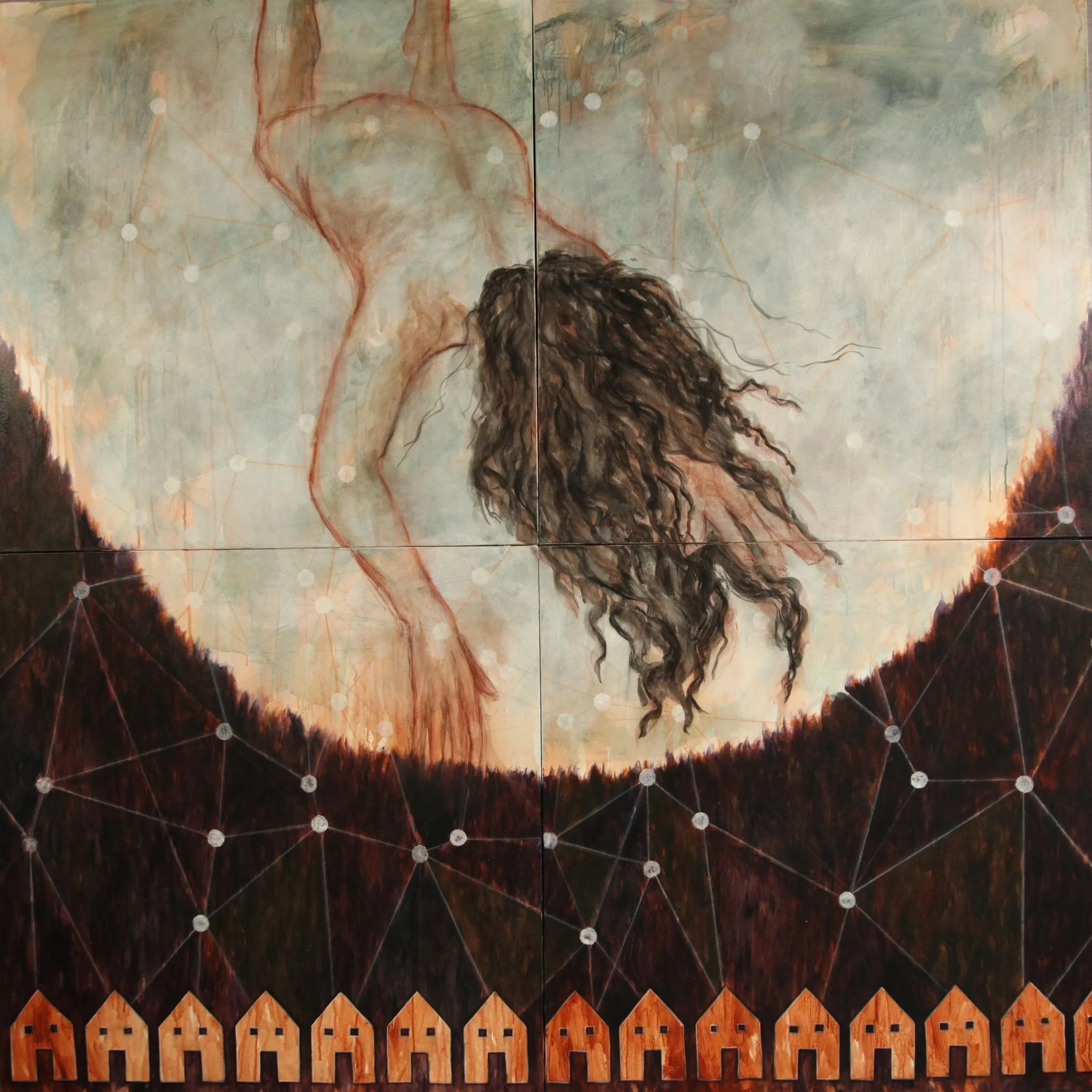 La Bienveillante,
Acrylique, graphite et pastel sur toile 
2020  -182.88 cm x 182.88 cm (6 pieds x 6 pieds)
* Disponible