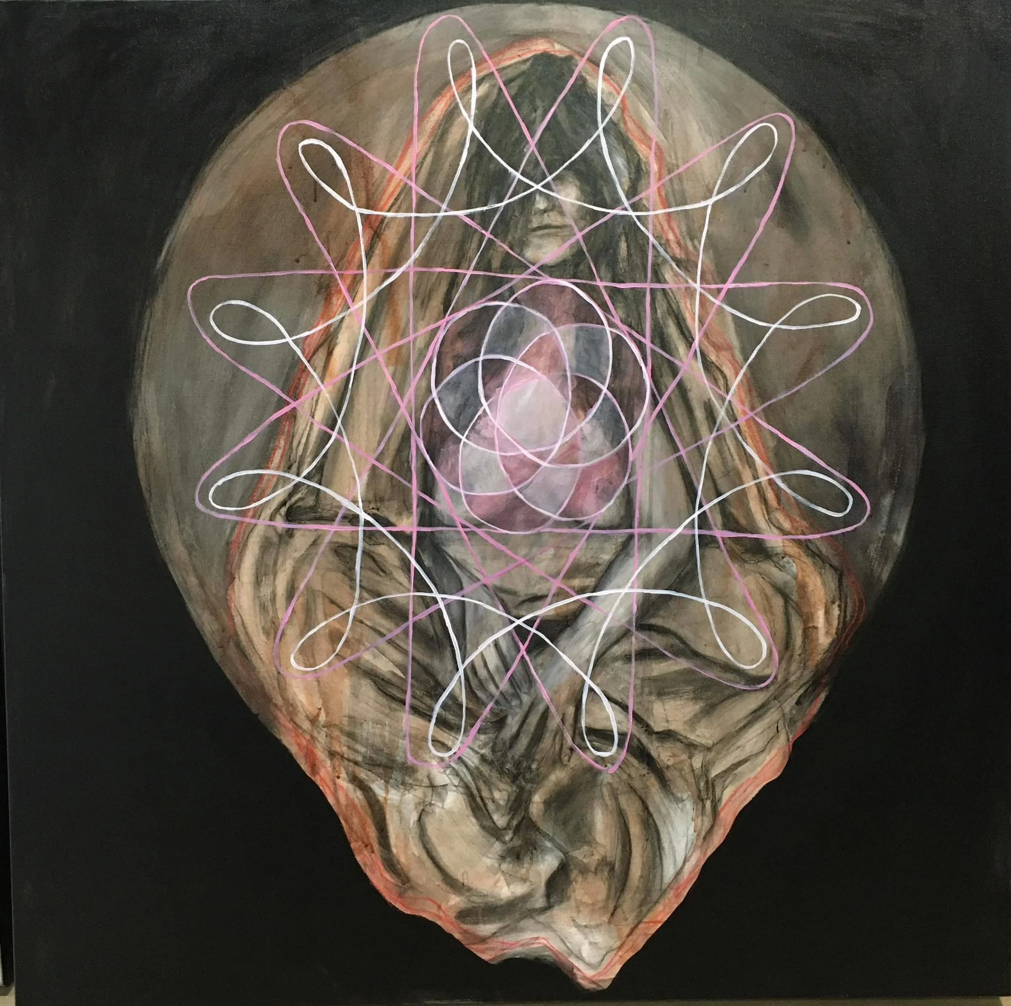 Spirographe 
Acrylique et pastel sur toile 
2023  -91.44 cm x 91.44 cm (3 pieds x 3 pieds)
*Disponible