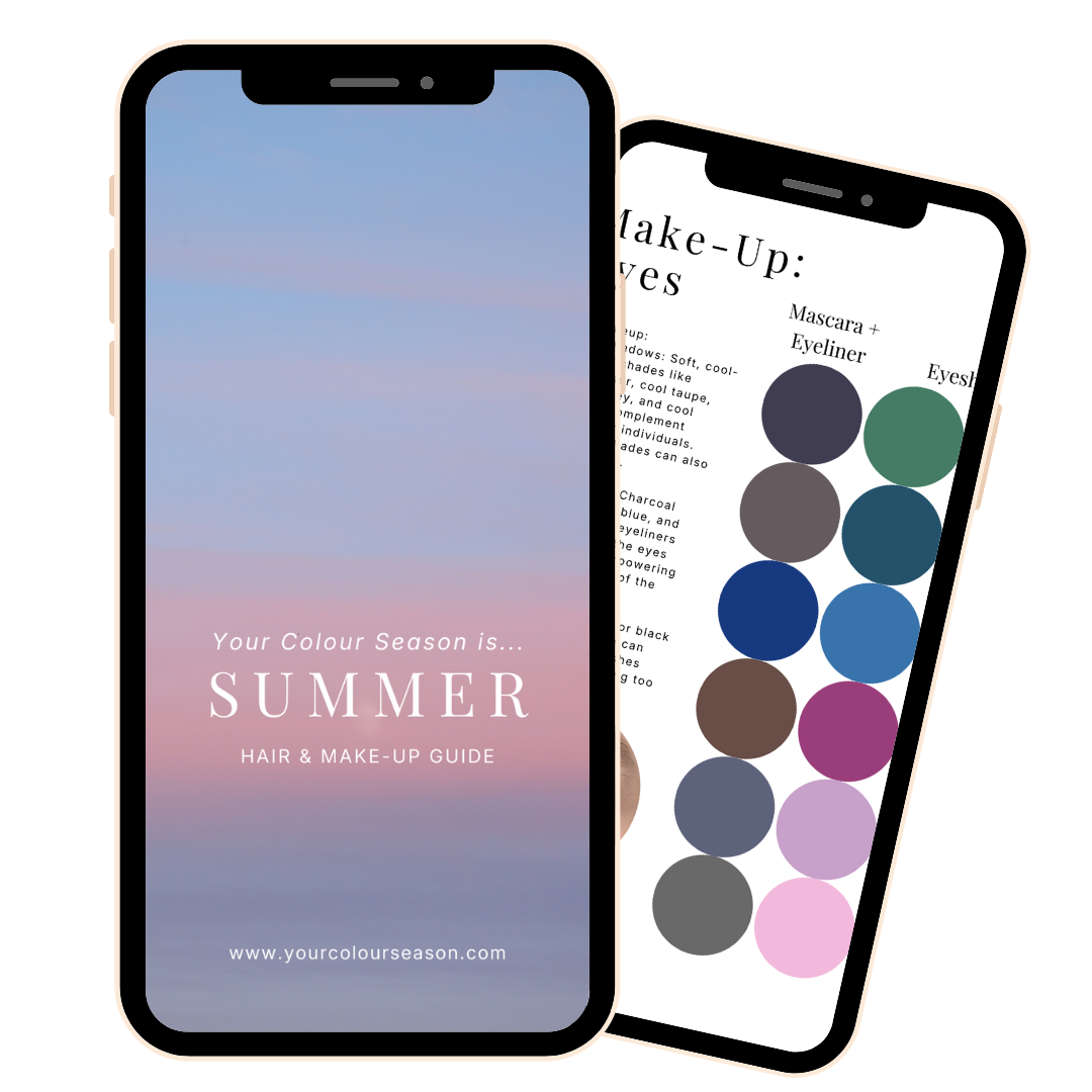 Smartphone screens displaying a summer-themed hair and makeup guide and a makeup color palette.