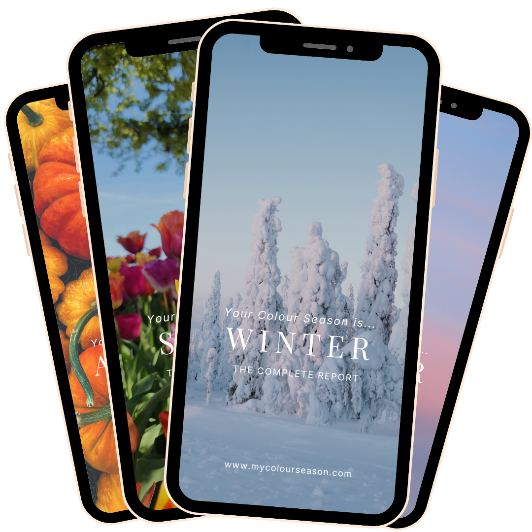 A collection of smartphones displaying seasonal weather reports with images of autumn pumpkins, spring flowers, winter snow-covered trees, and a summer sunset.