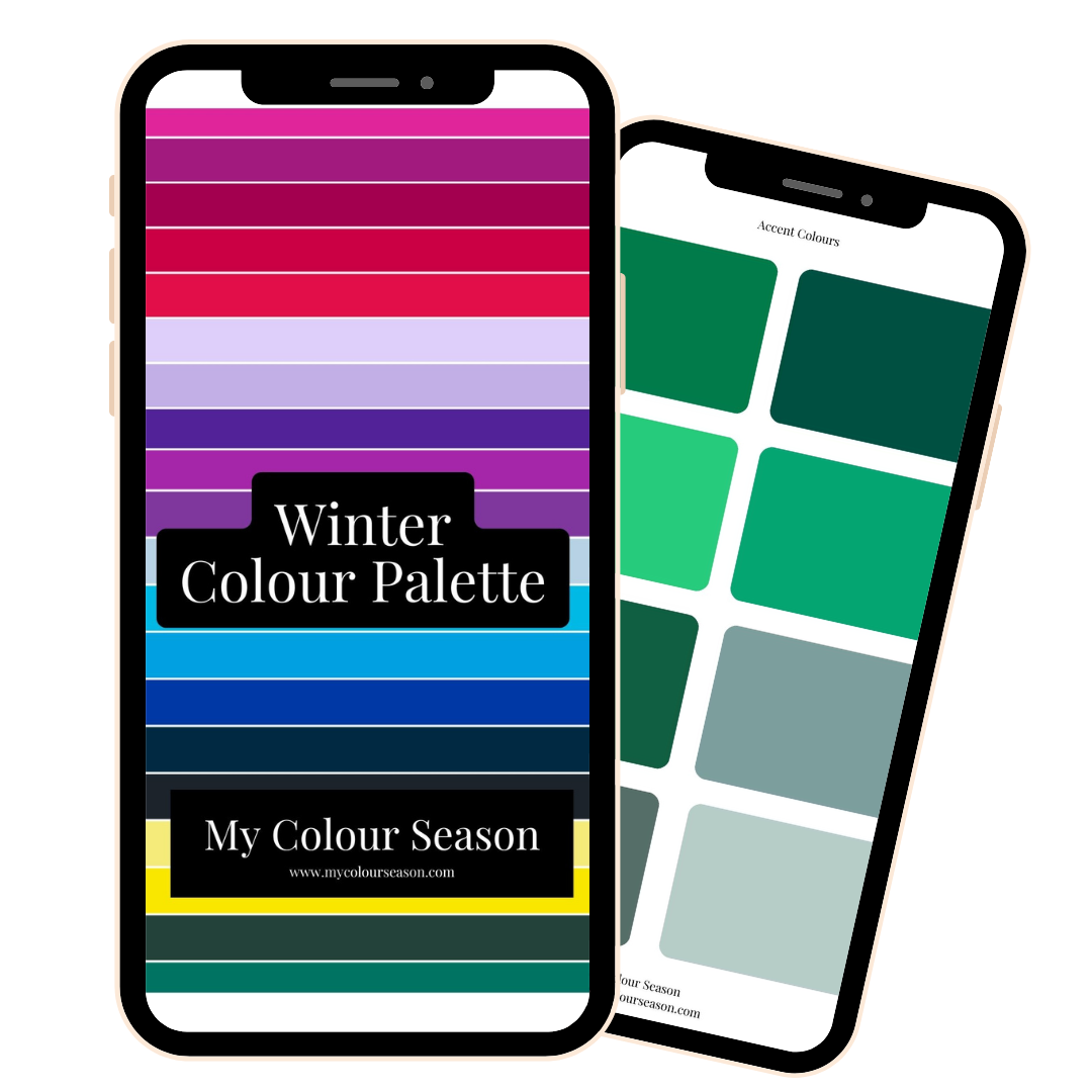 Two smartphones displaying color palettes, with one labeled "Winter Colour Palette" and the other showing various shades of green and grey.