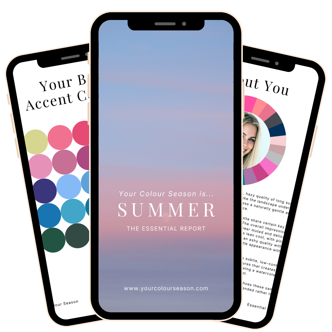 Mobile phone screen with a gradient sky background displaying "Your Colour Season is... SUMMER" and the website www.yourcolourseason.com. Two additional phones in the background show color analysis reports with color palettes and a woman's face.