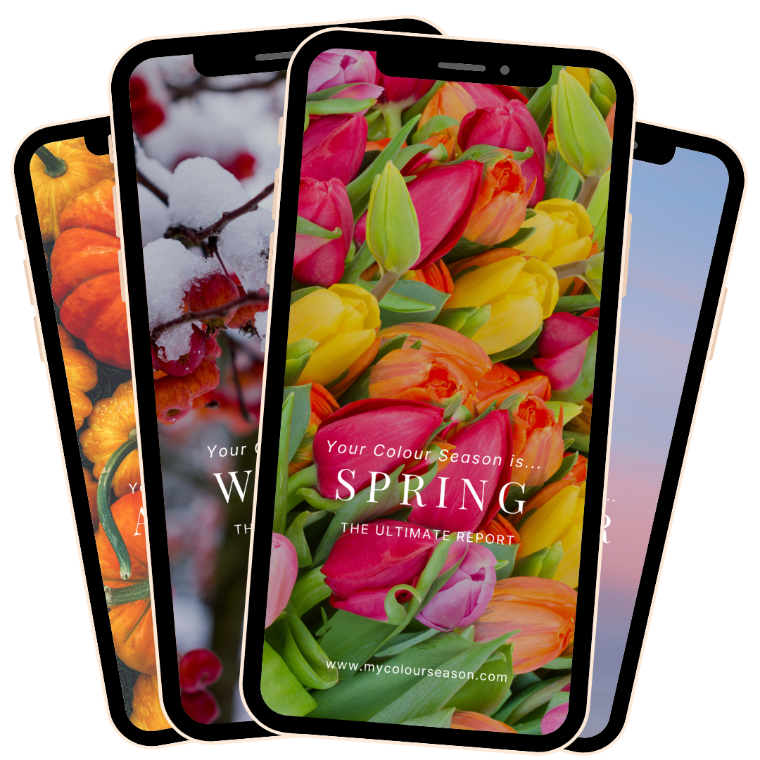 Three smartphones displaying colorful spring-themed wallpapers featuring flowers and nature scenes.