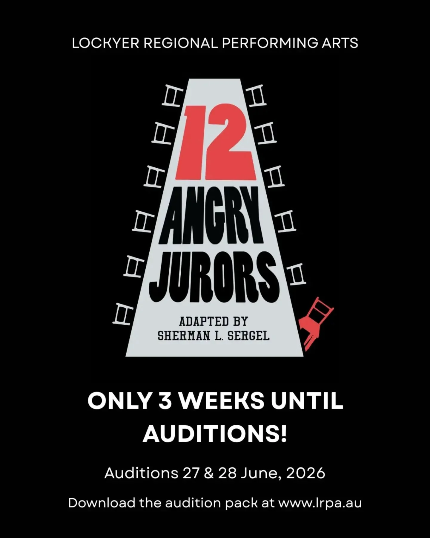 In case you missed it, the audition pack for our next production - 12 Angry Jurors - is out now! And what's more, auditions are only 3 weeks away!

Don't forget to book your slot!

AUDITION PACK available at www.lrpa.au

.

#lockyerregionalperforming