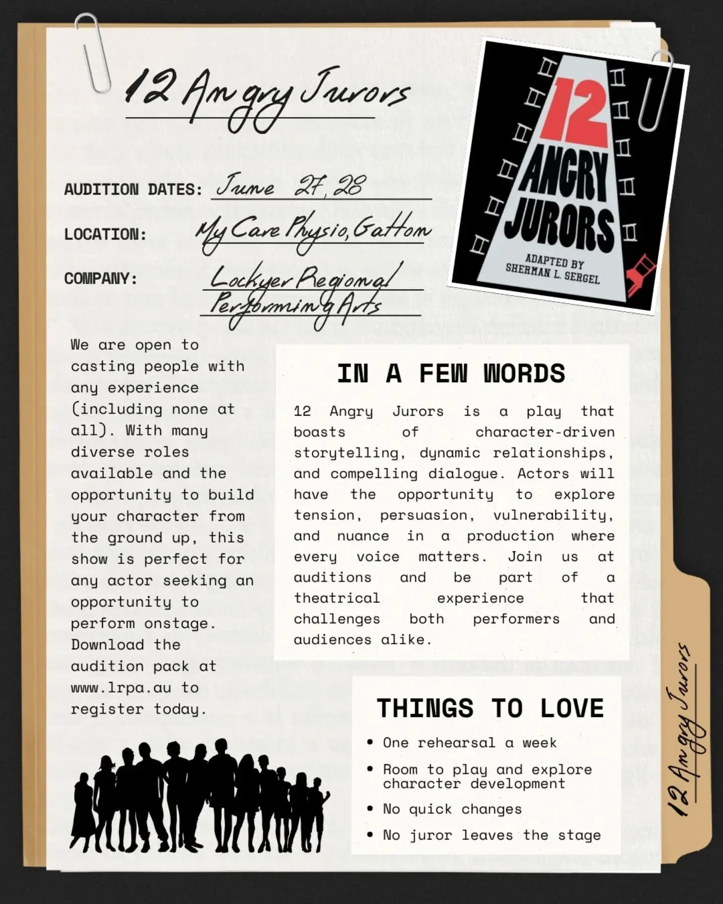 Want to know more about auditions for 12 Angry Jurors? We've put together a little file note of things you may like to know! 

❗️Important information❗️
📝 No experience necessary
📍 Auditions happening 27 &amp; 28 June 
🏃 Audition pack available on