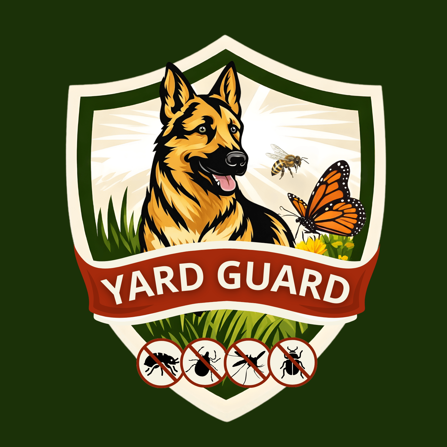 A yard guard emblem featuring a German shepherd dog, bee, and butterfly, with a red banner reading 'YARD GUARD' and icons of pests such as ticks, fleas, and other insects crossed out.
