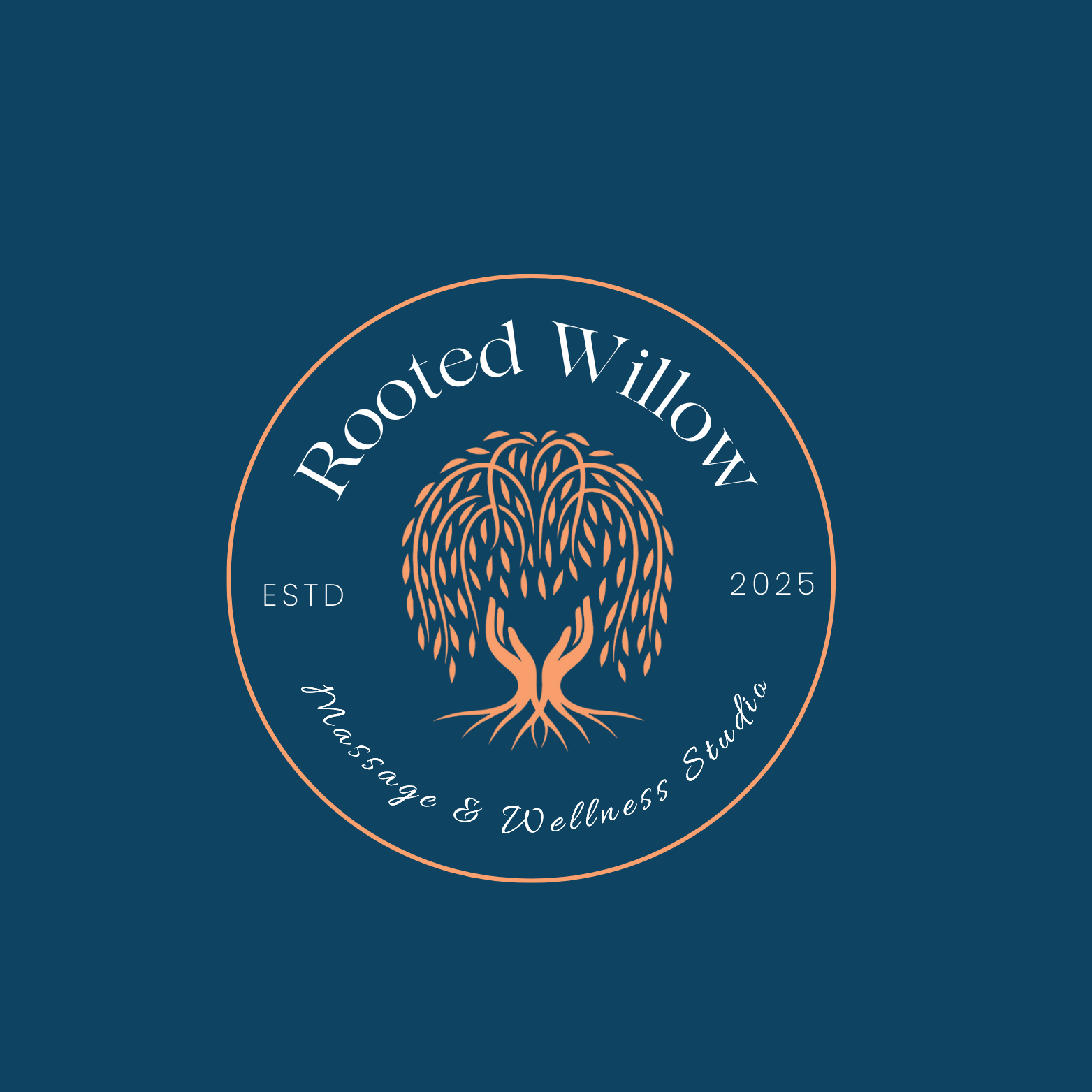 Logo for rooted Willow massage and wellness studio featuring a stylized willow tree forming a heart shape with roots, on a dark blue background with peach-colored text and accents.