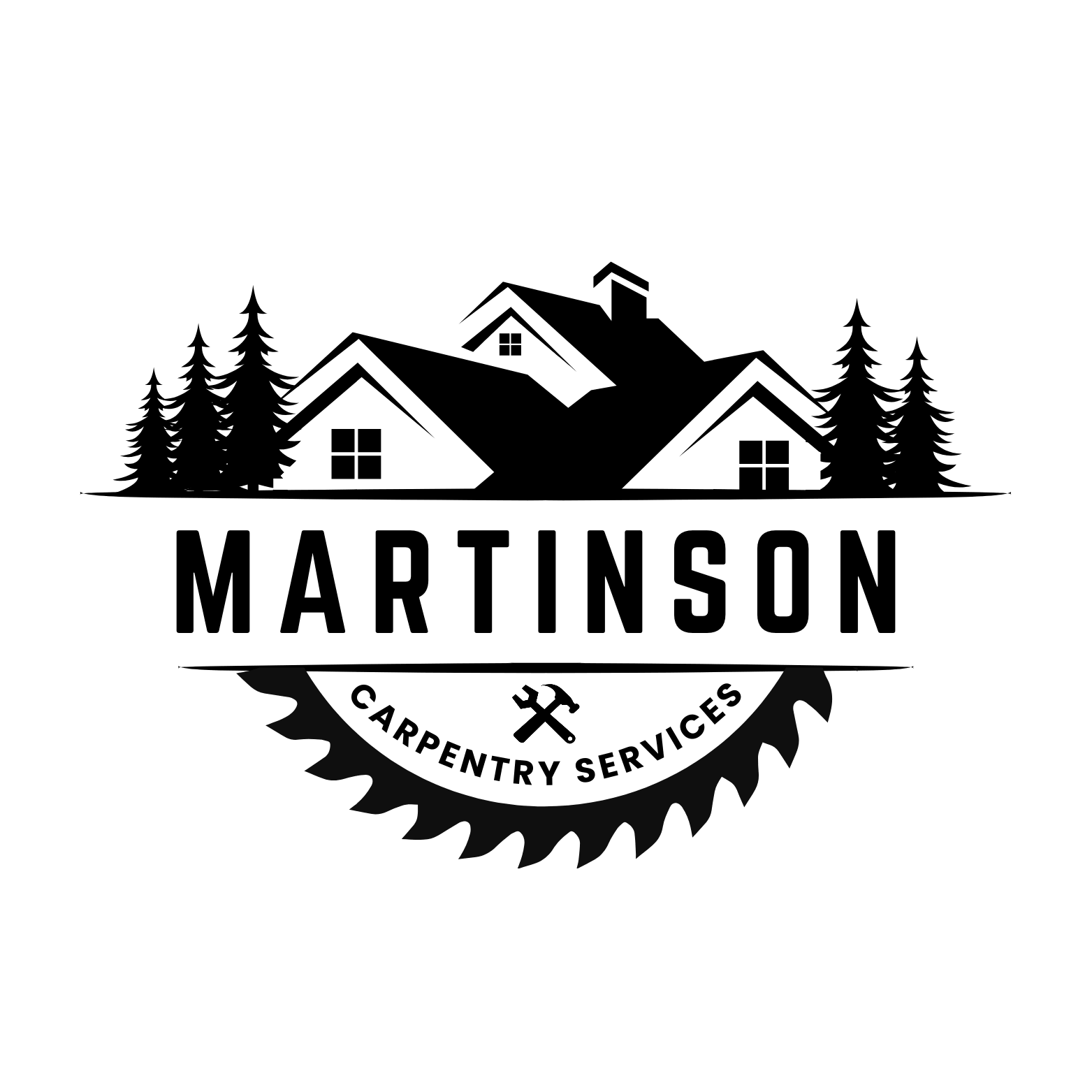 Black and white logo featuring a house surrounded by pine trees with the text 'Martinson Carpentry Services' and a hammer underneath.
