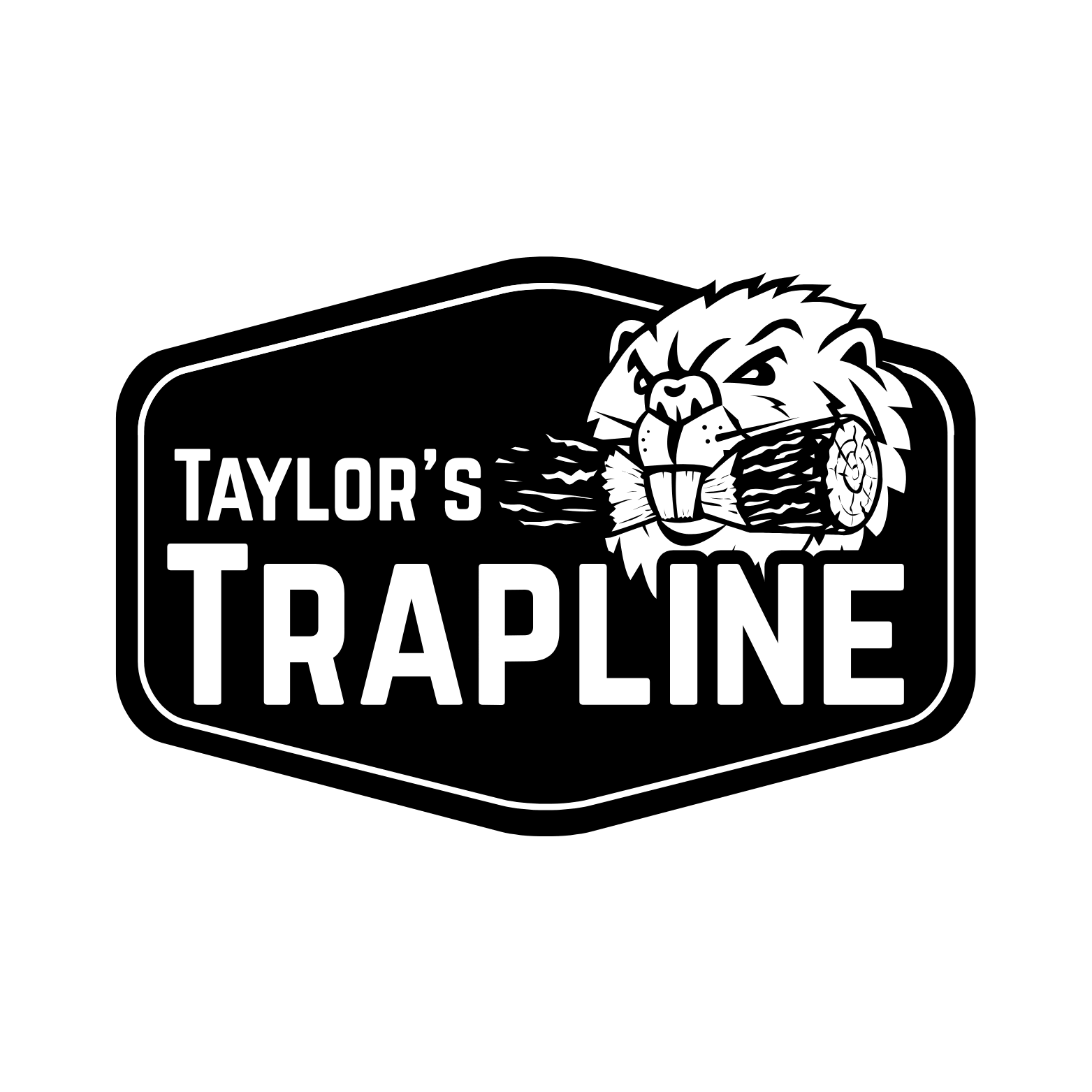 Black and white logo with text 'Taylor's Trapline' and an illustration of a lion's head biting a trap.