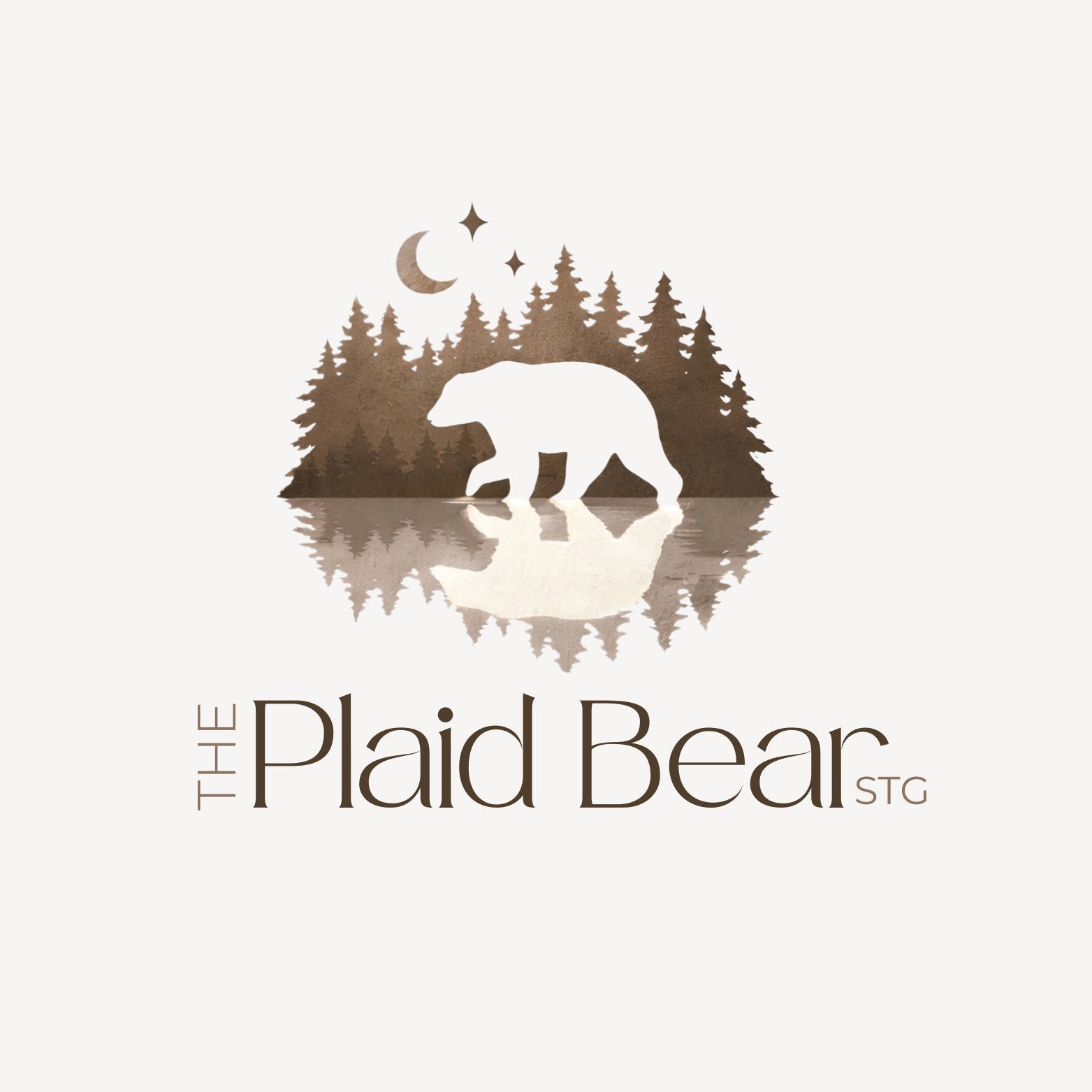 Logo for The Plaid Bear featuring a silhouette of a bear walking near water, reflected in the surface, with a backdrop of pine trees, moon, and stars, and text 'The Plaid Bear STG' below.