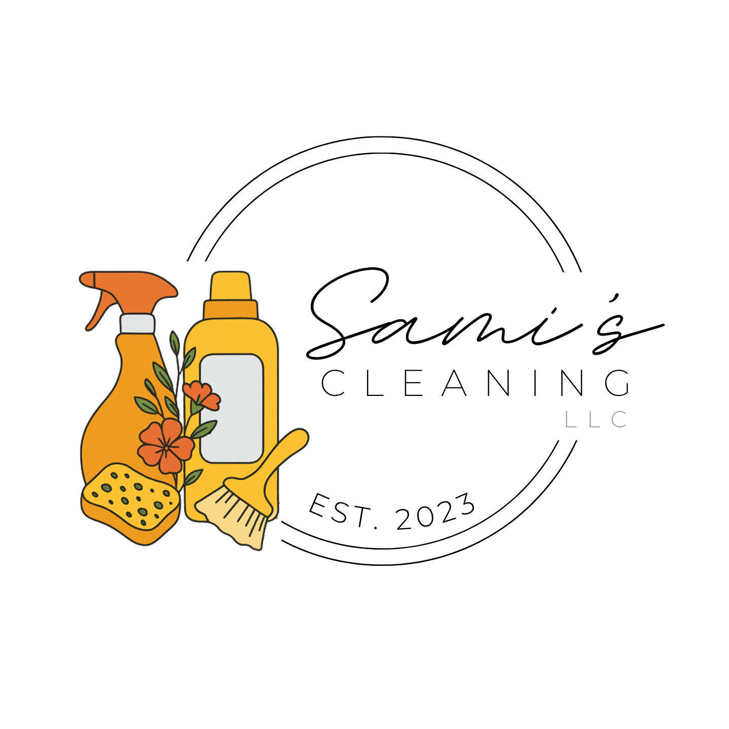 Logo for Sami's Cleaning LLC with cleaning supplies including spray bottle, sponge, spray bottle, and cleaning brush, with decorative flowers, established in 2023.