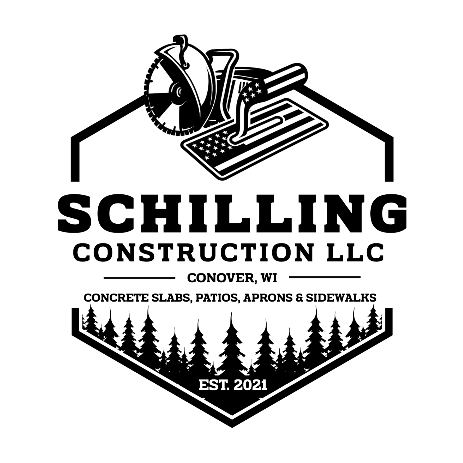 Logo for Schilling Construction LLC featuring a circular saw, a trowel on a concrete slab with an American flag design, and a forest of trees at the bottom, with text indicating location in Conover, WI and services for concrete slabs, patios, aprons,