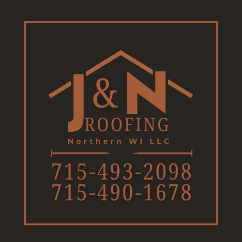 Logo for J & N Roofing with contact phone numbers, featuring house roof design and text on a dark background.
