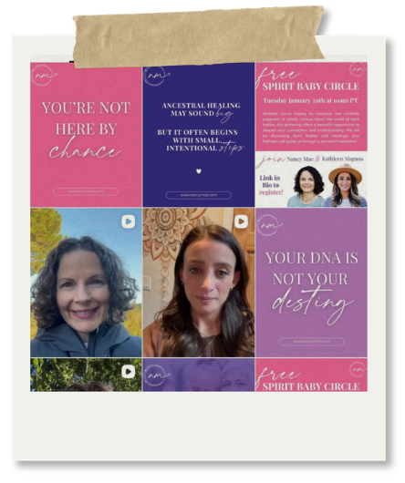 A collage of promotional materials for a spiritual and healing event, including two women, text about DNA and destiny, and details about a baby circle on January 23rd.