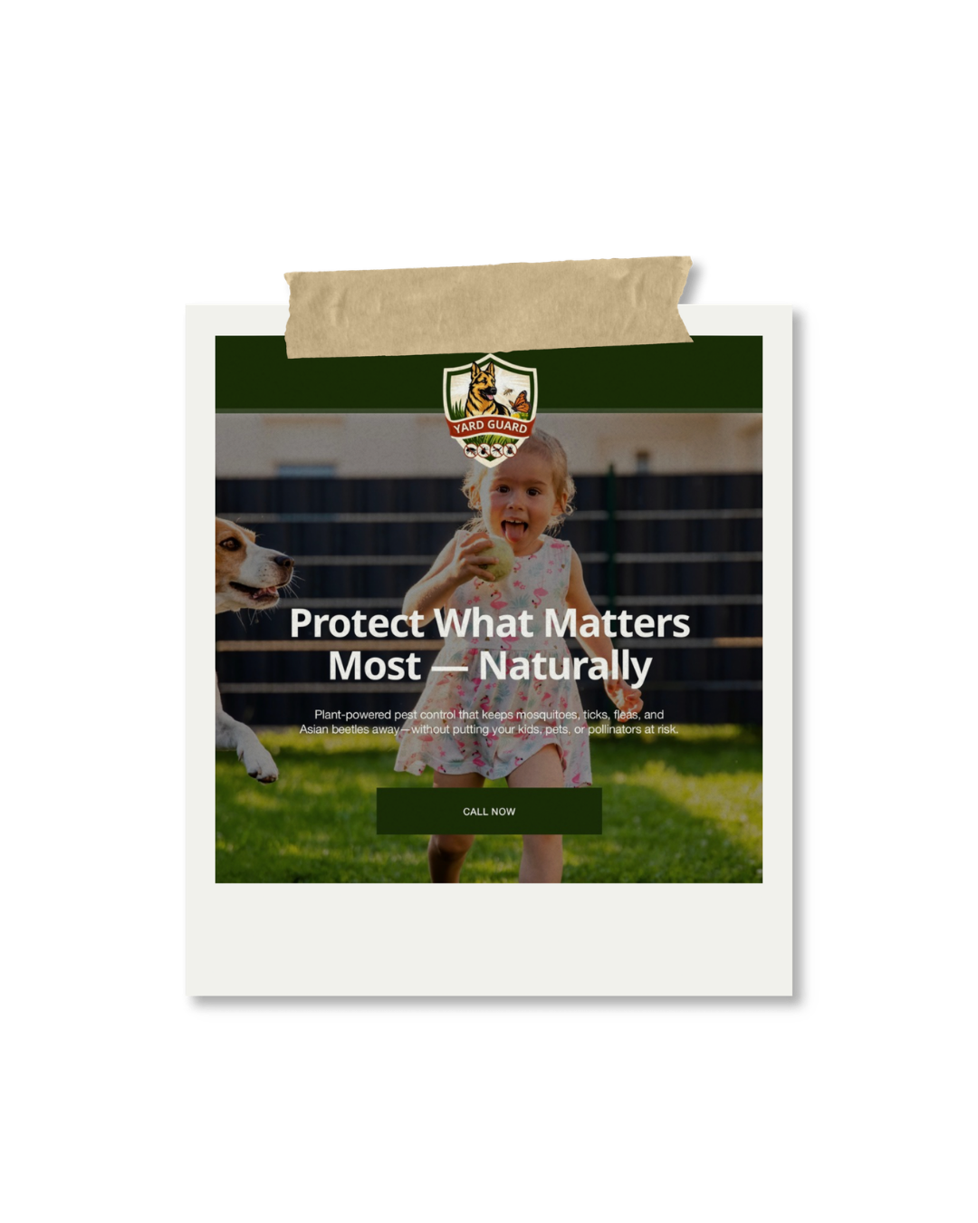 A flyer from Yard Guard with a background of a girl playing with a dog in a backyard, promoting natural pest control.